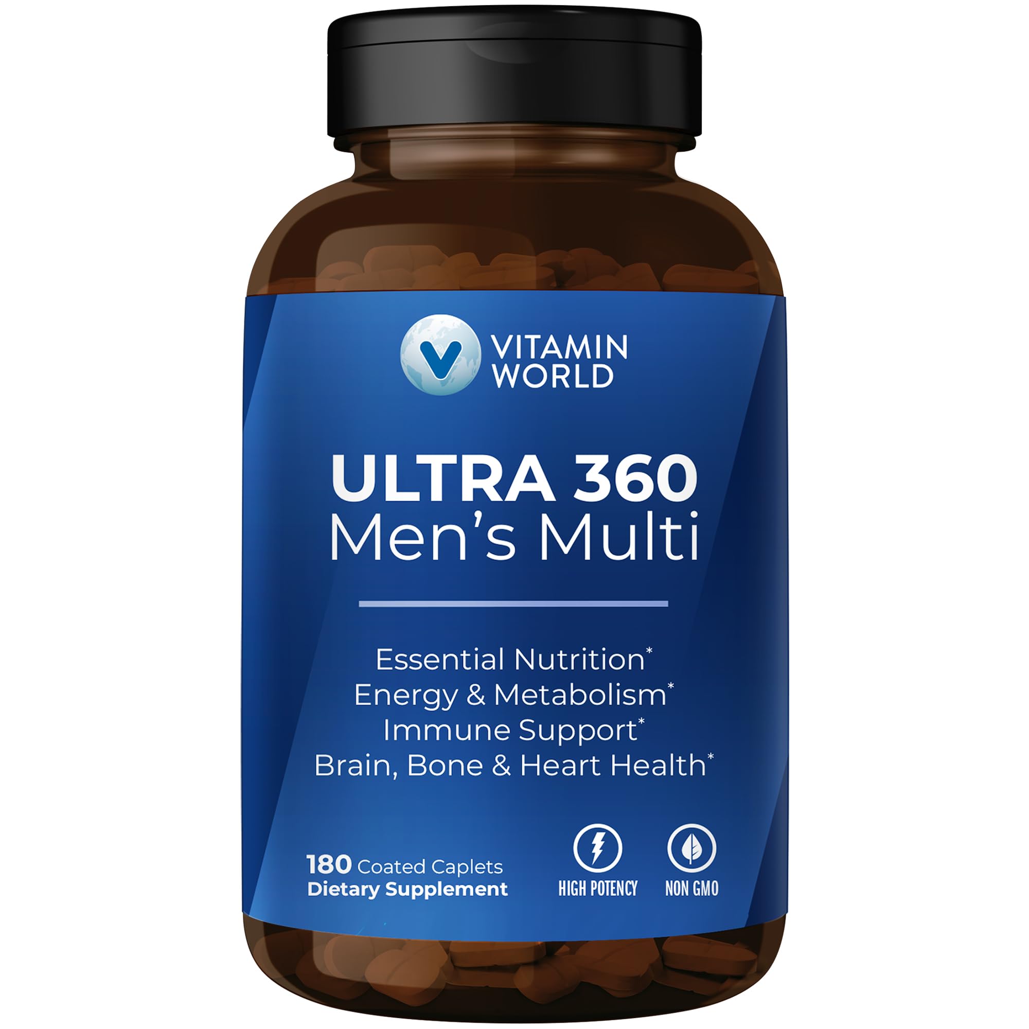 Vitamin World Ultra 360 para hombres, frasco con cápsulas para energía diaria.
