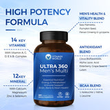 Frasco de Vitamin World Ultra 360 con pastillas para apoyo nutricional diario.