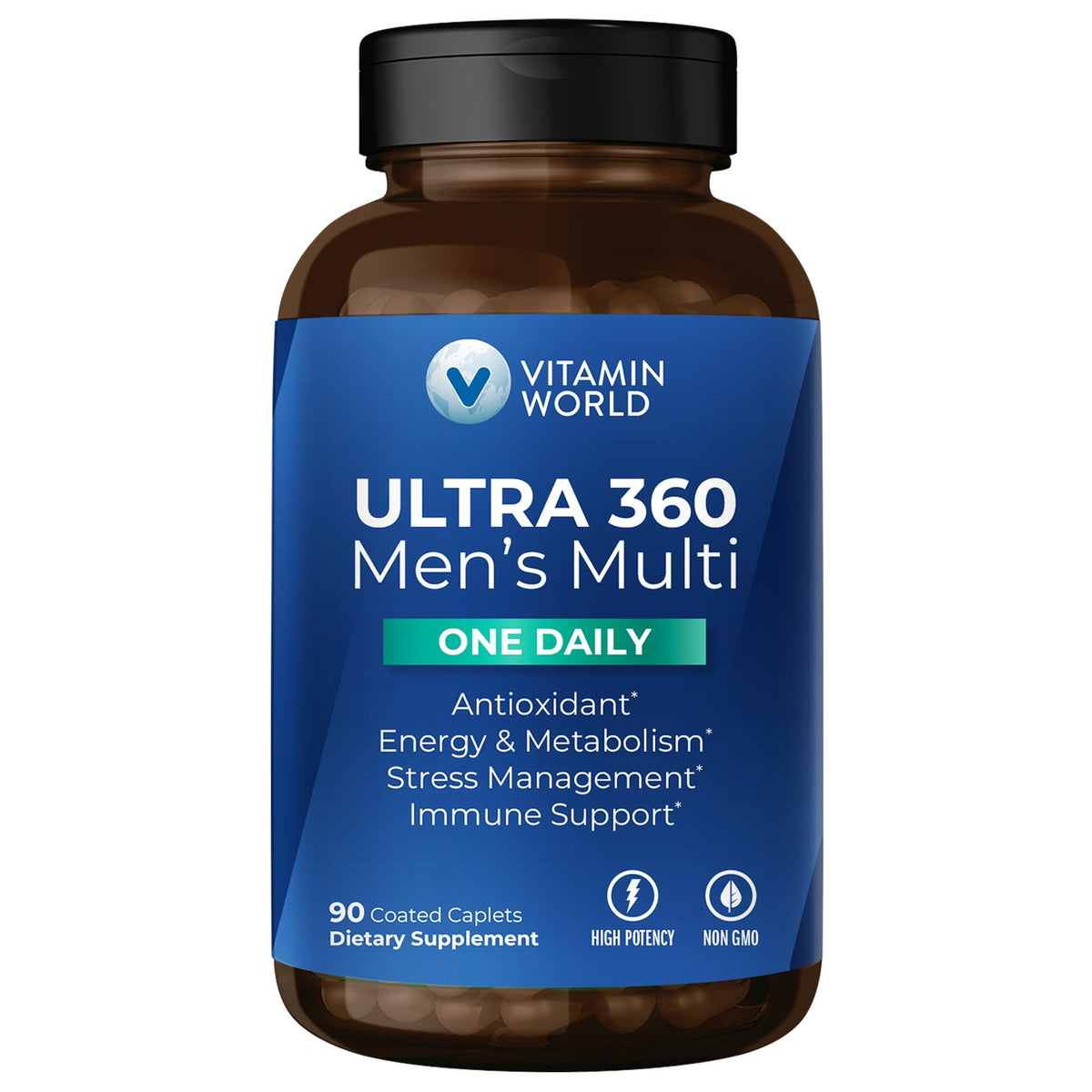 Vitamin World Ultra 360 para hombres, botella frontal para empezar el día con energía.