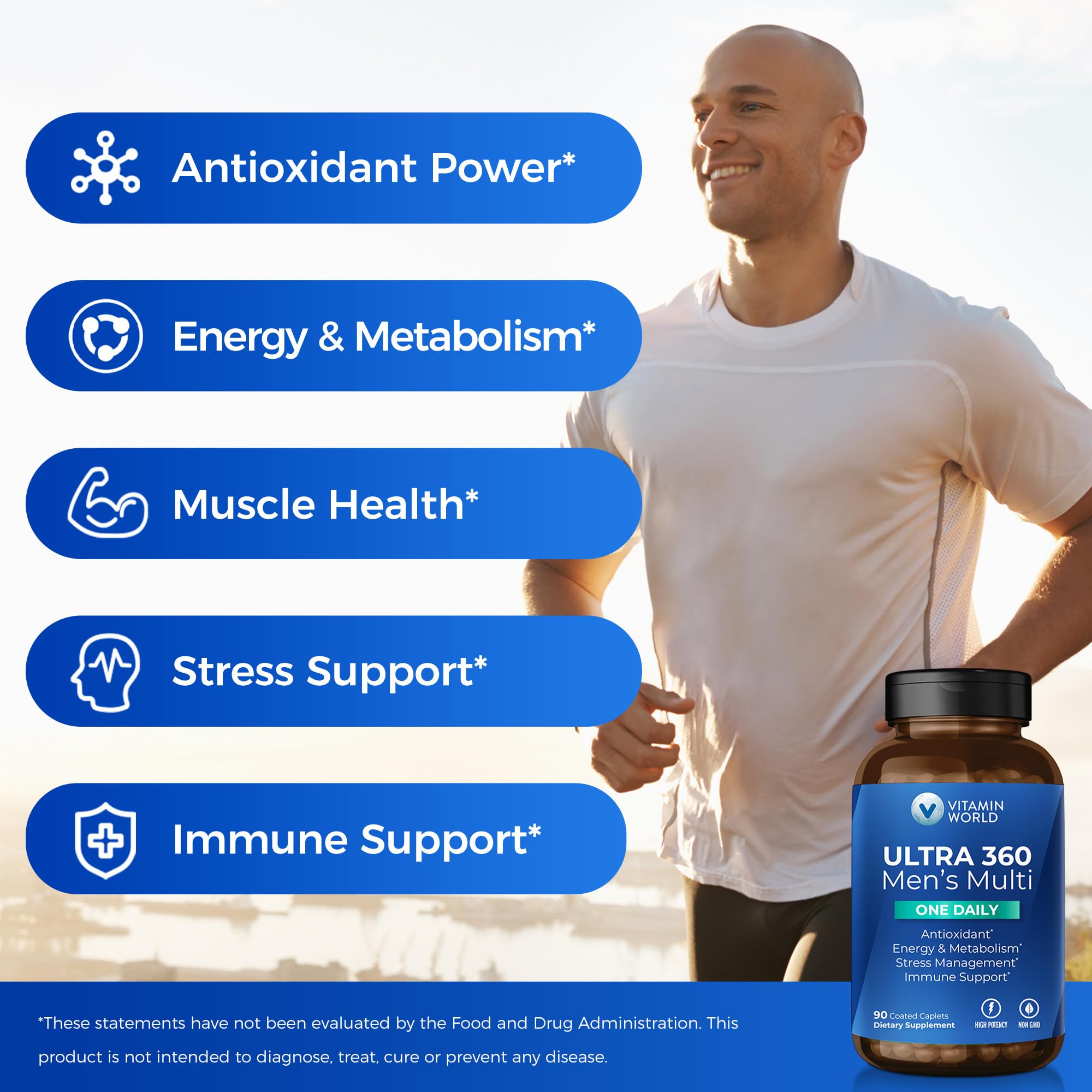 Vitamin World Ultra 360 para hombres, caja y botella mostrando la presentación.