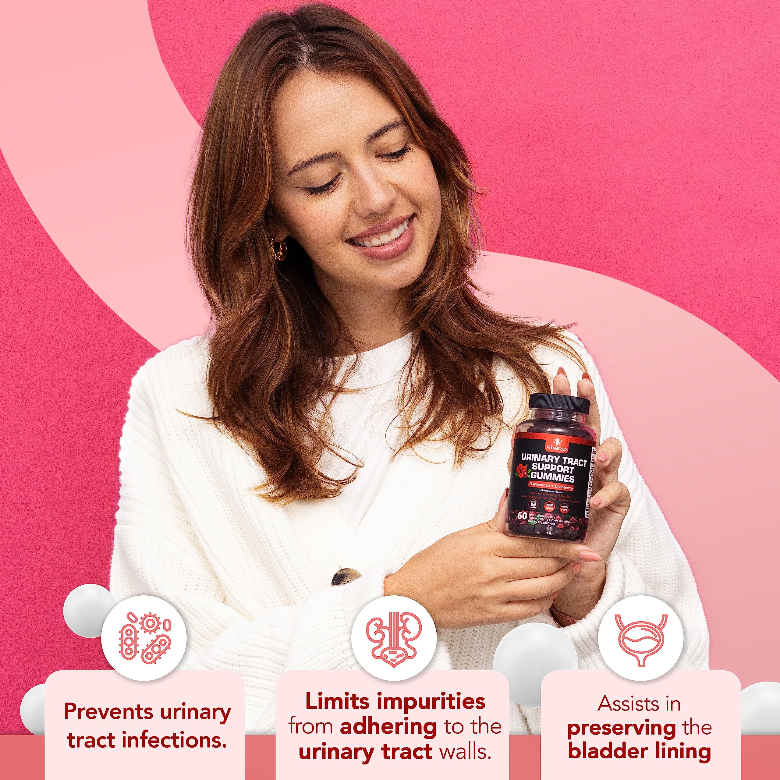 Etiqueta frontal de Vitamized con arándano y D‑mannosa para confianza.