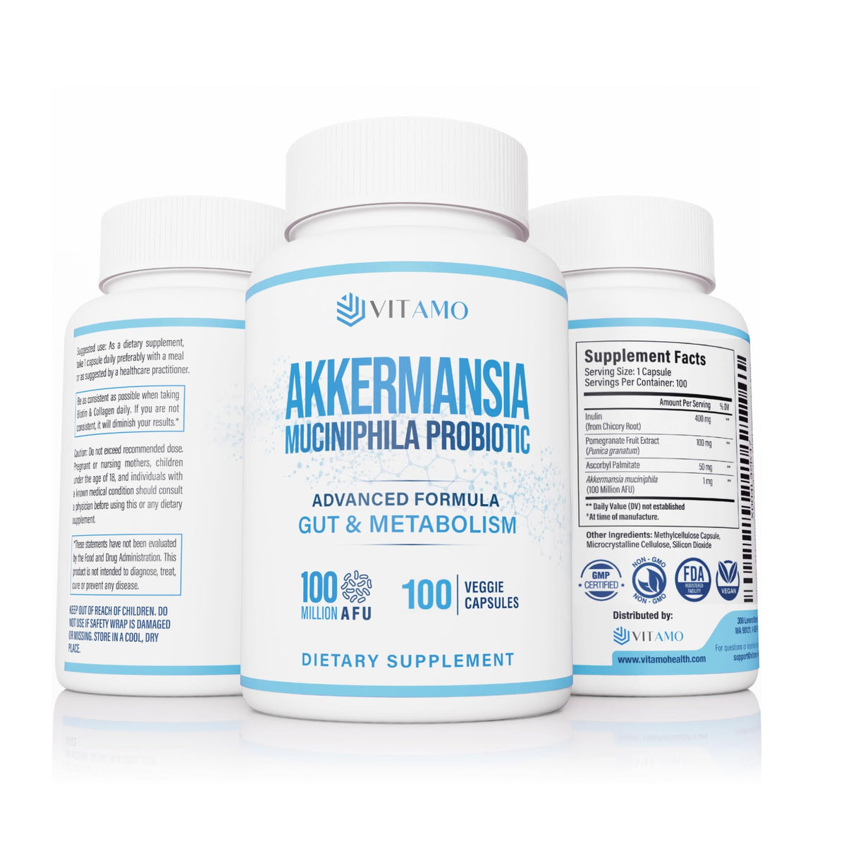 Vitamo Akkermansia Muciniphila: cápsulas para uso diario y apoyo digestivo.