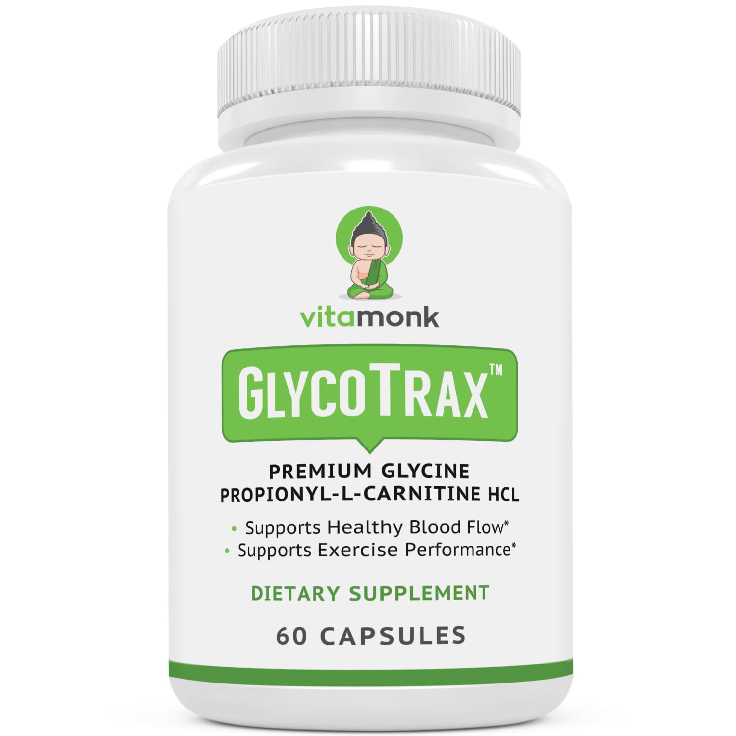 VitaMonk GlycoTrax muestra la botella de 60 cápsulas lista para uso diario