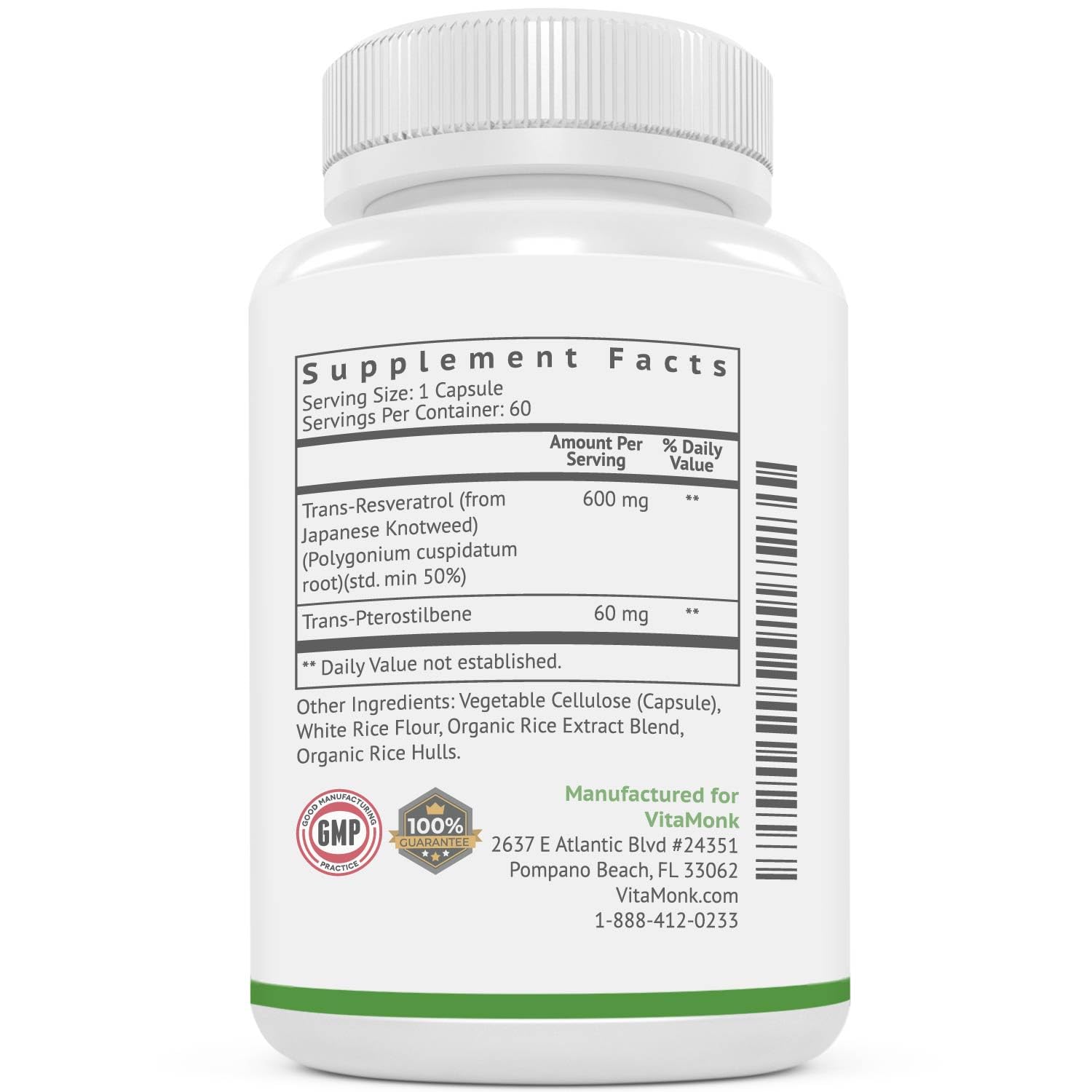 VitaMonk Resveratrol con Pterostilbeno, sin rellenos artificiales en la composición