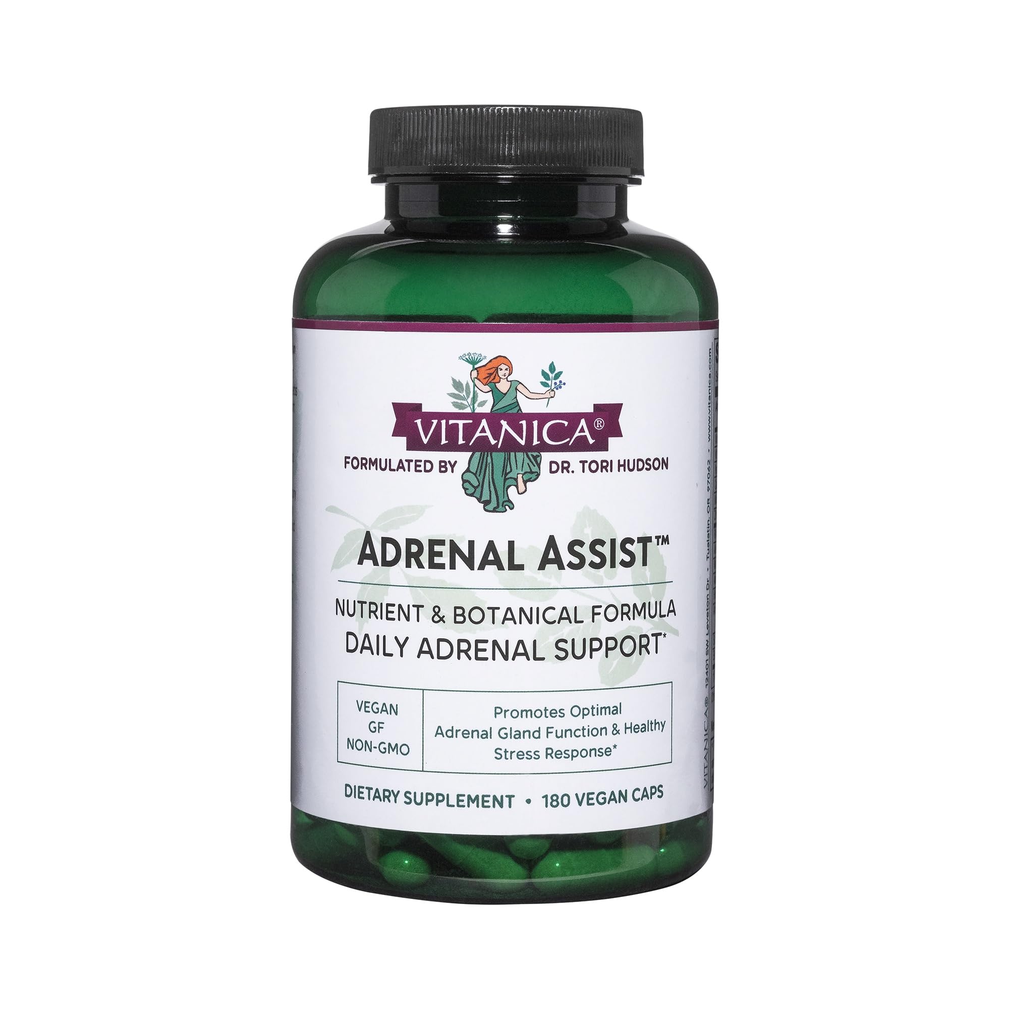 Vitanica Adrenal Assist, botella frontal, apoyo para funciones adrenales y energía constante