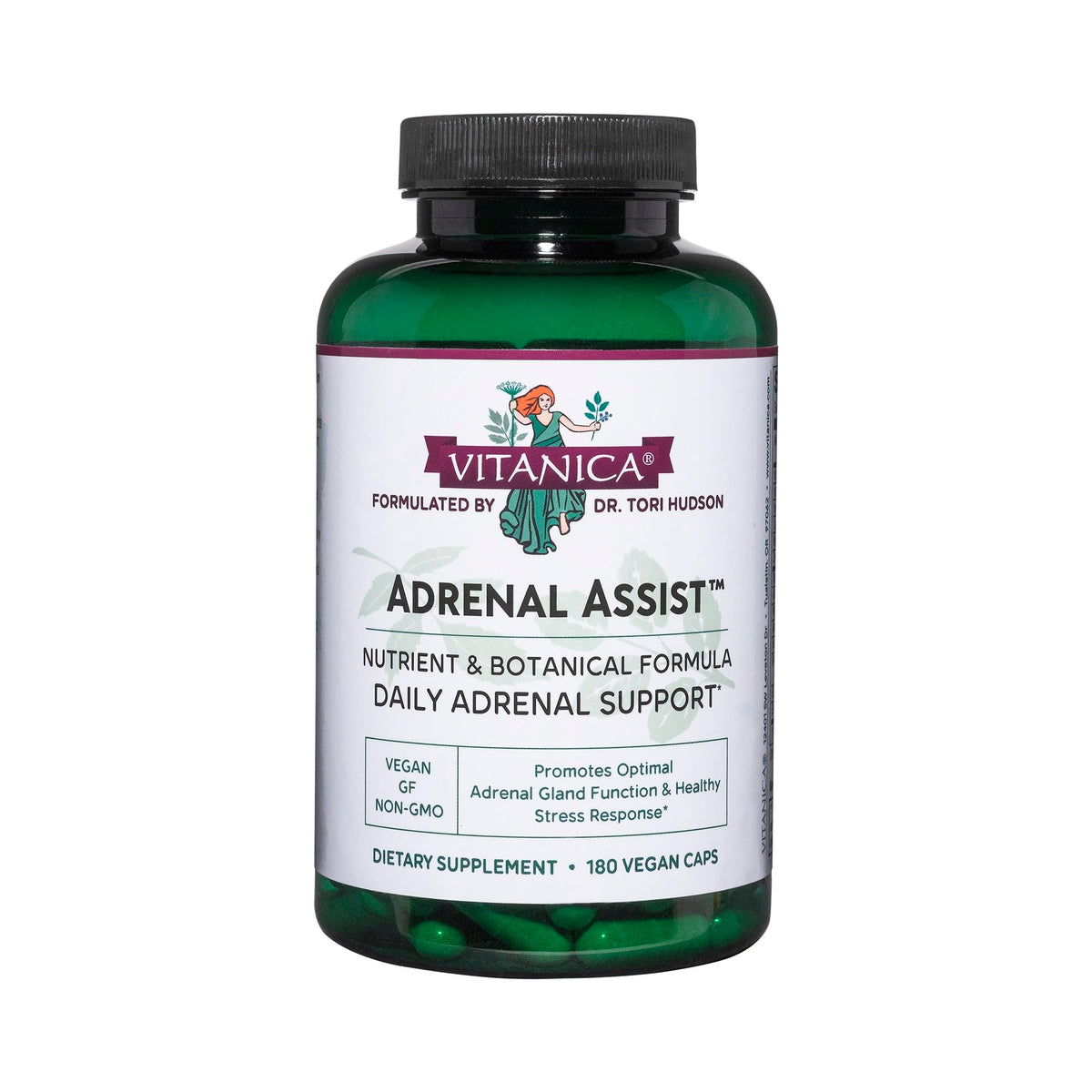 Vitanica Adrenal Assist, botella frontal, apoyo para funciones adrenales y energía constante