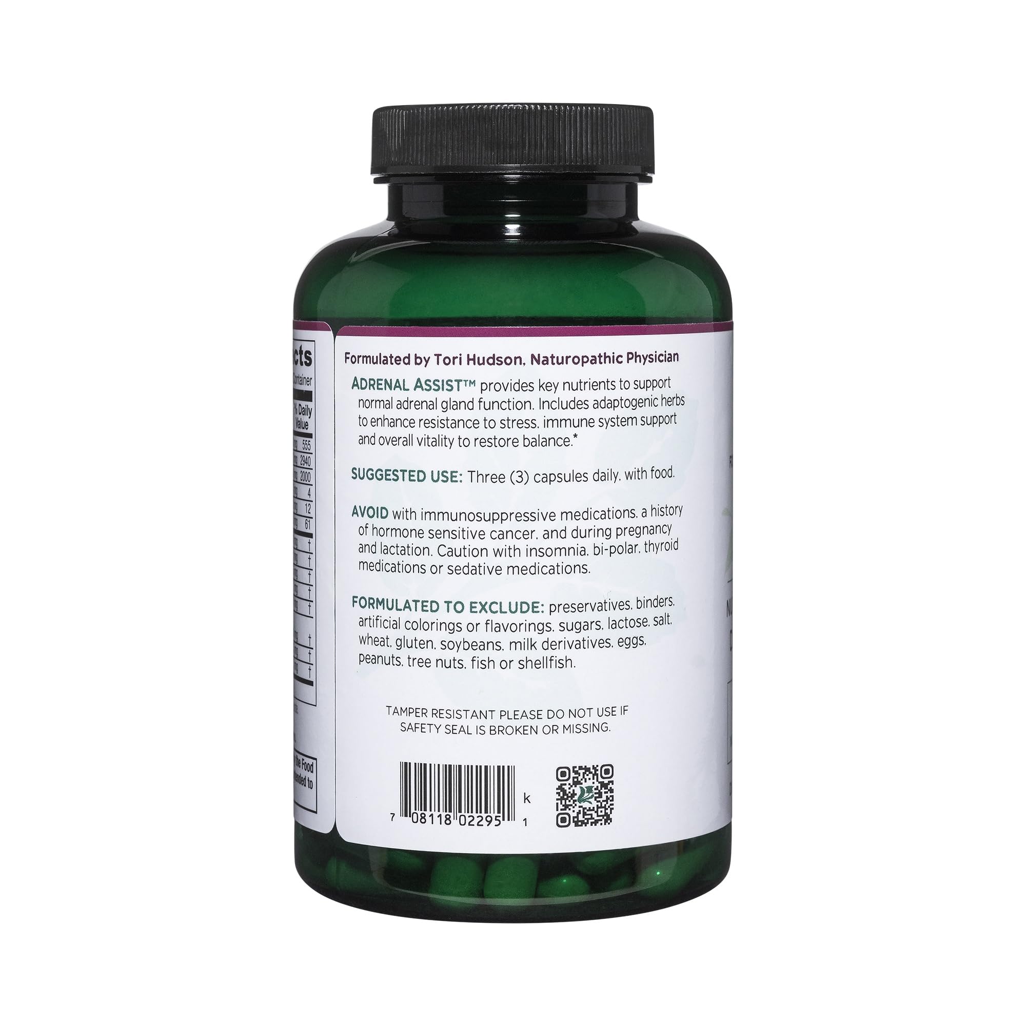 Vitanica Adrenal Assist, etiqueta visible, información sobre nutrientes clave para glándulas