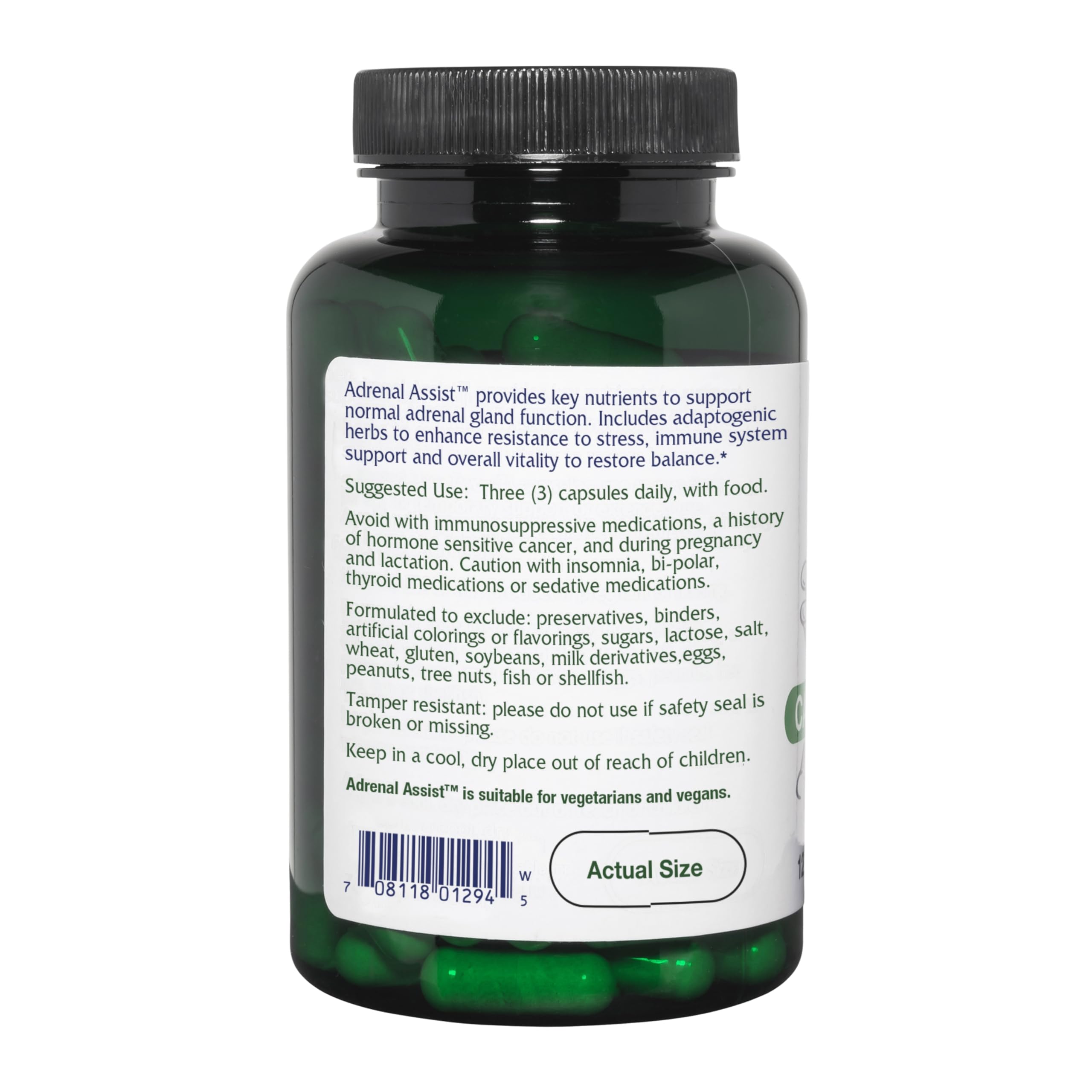 Vitanica Adrenal Assist etiqueta legible que destaca ingredientes clave para el bienestar