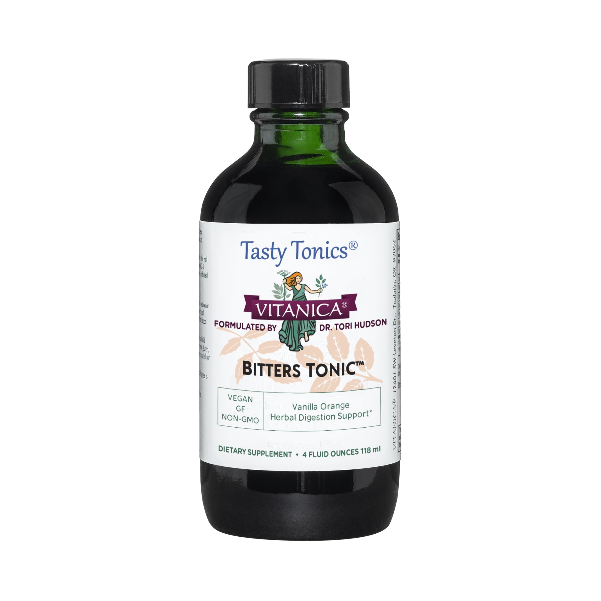 Vitanica Bitters Tonic: frasco de vidrio para apoyar la digestión tras las comidas.