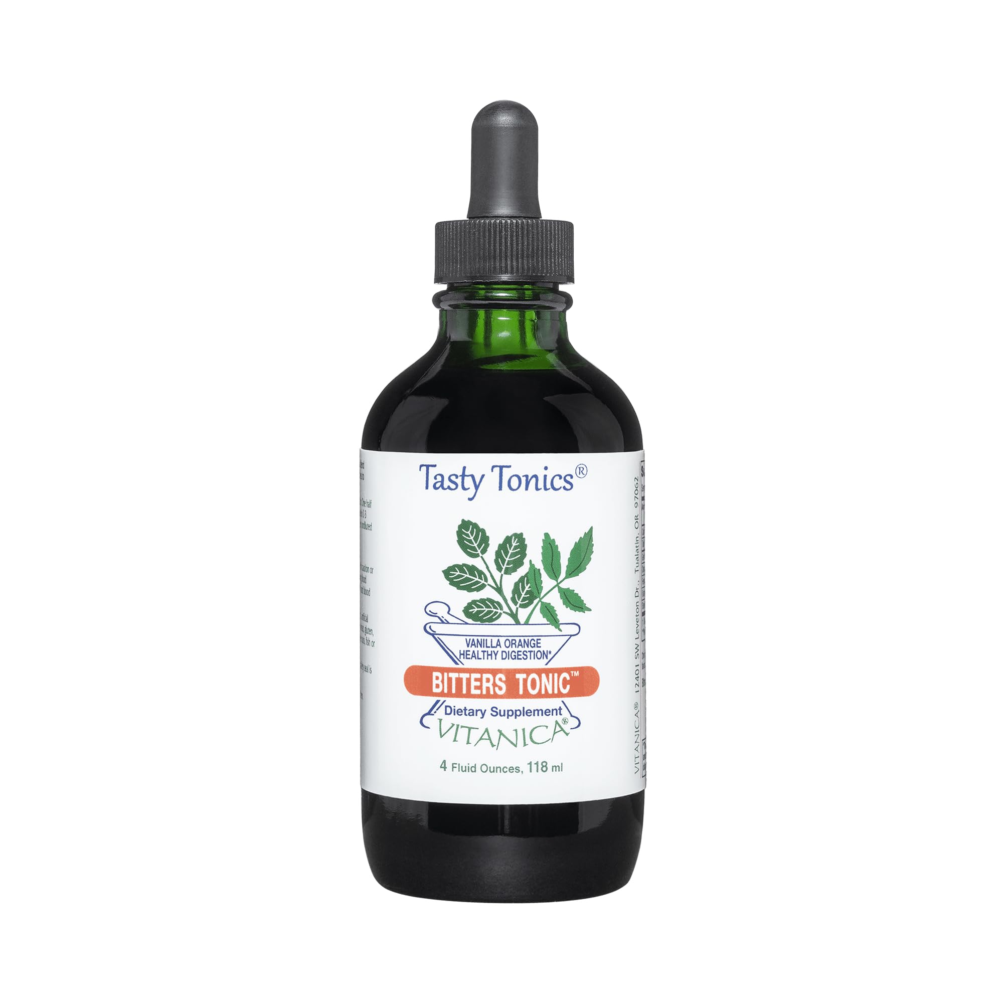 Vitanica Bitters Tonic en botella con aroma vainilla-naranja para apoyar la digestión
