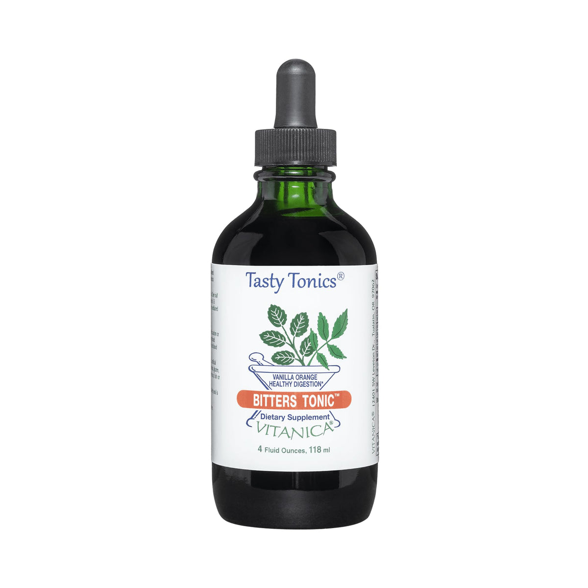 Vitanica Bitters Tonic en botella con aroma vainilla-naranja para apoyar la digestión
