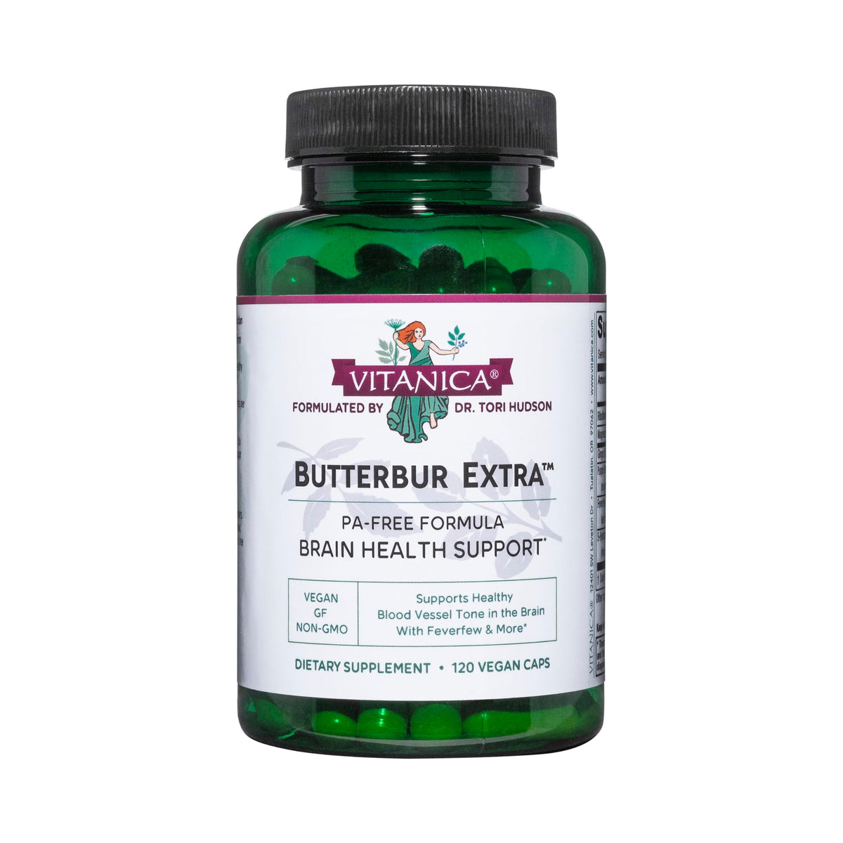 Vitanica Butterbur Extra: botella de cápsulas para uso diario.