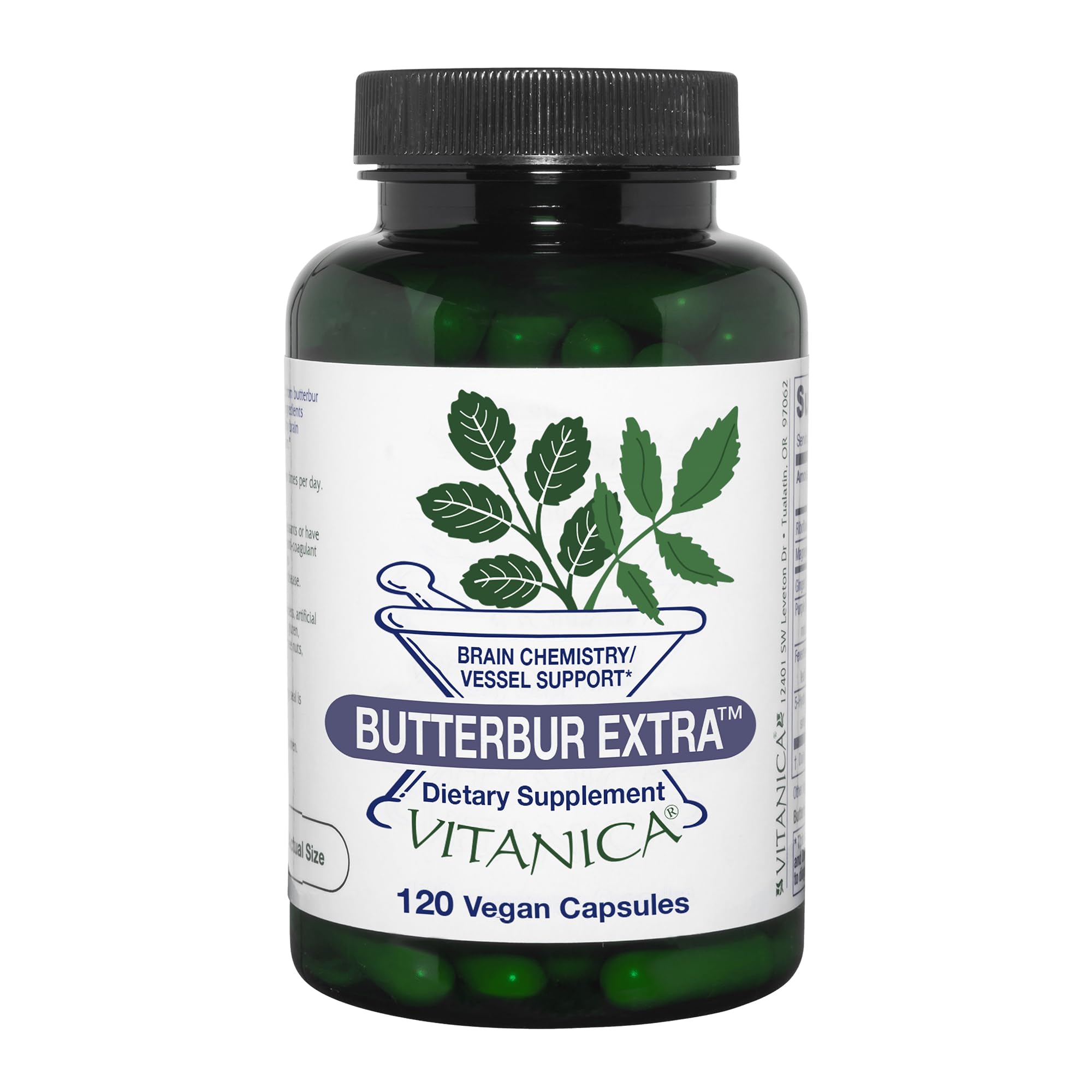 Vitanica Butterbur Extra: botella vertiendo para apoyo diario suave