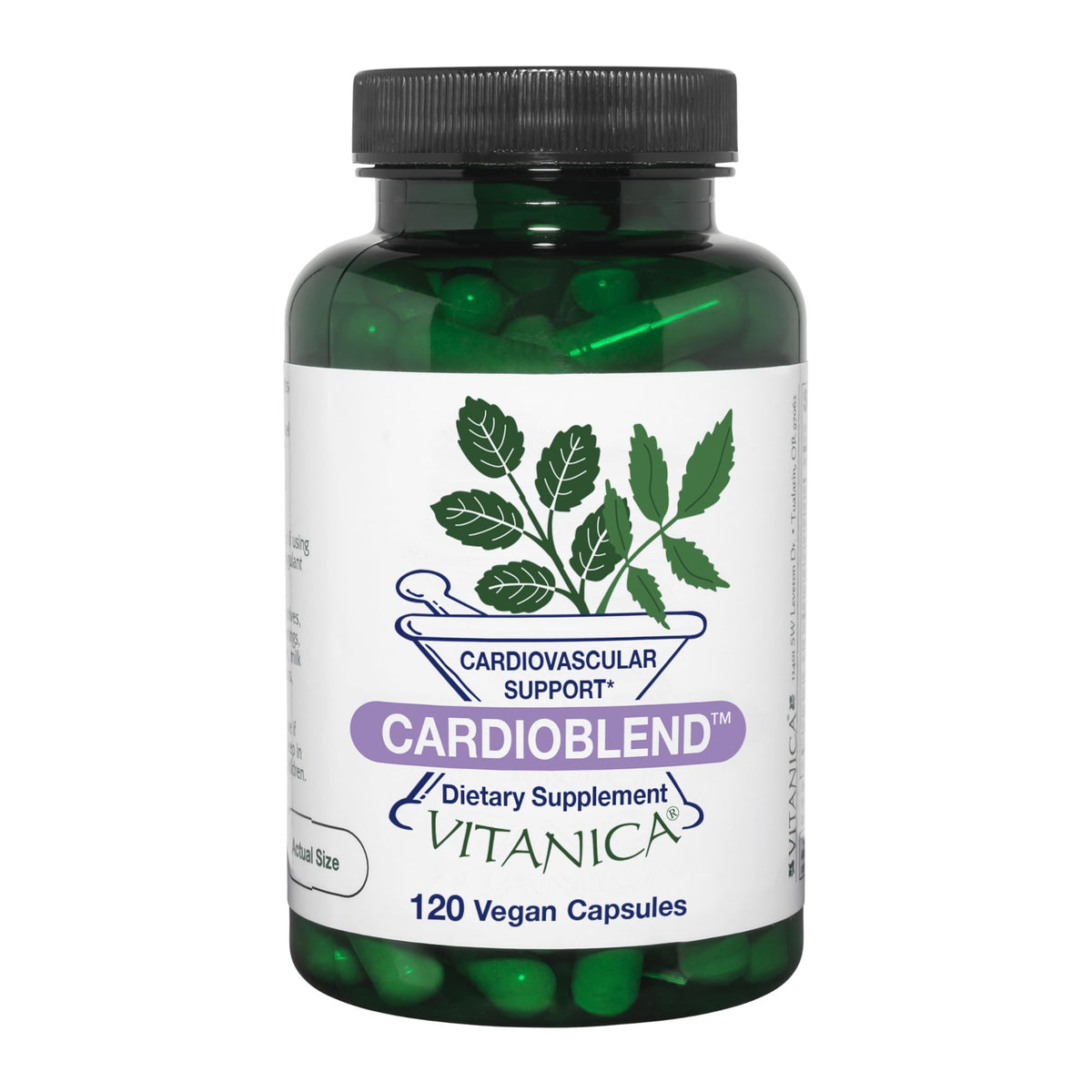 Botella de Vitanica CardioBlend, formato vegano para apoyar la salud cardiovascular.