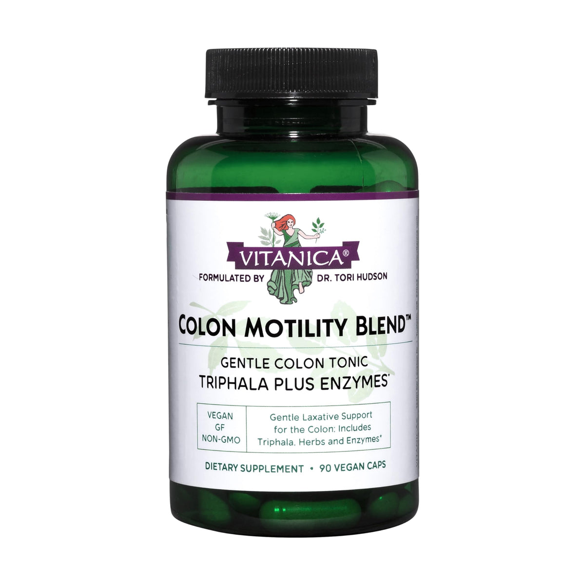 Vitanica Colon Motility Blend, botella frontal, apoyo suave para la digestión.
