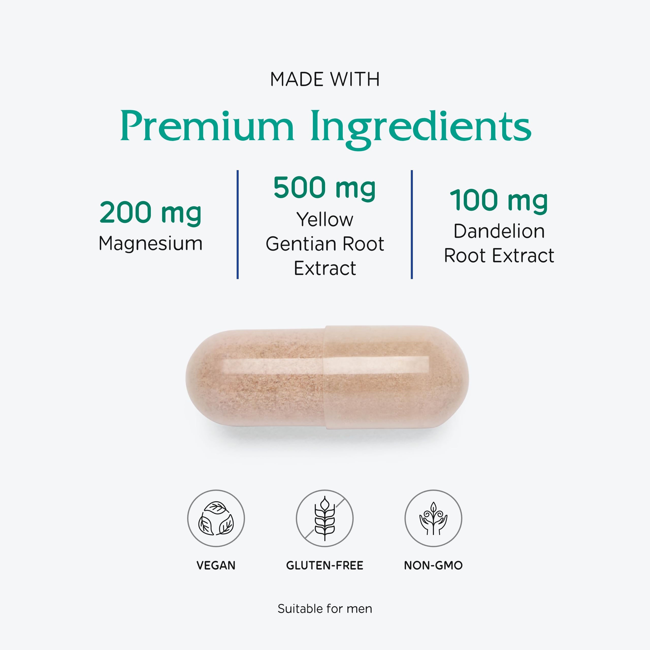 Vitanica Colon Motility Blend ingredientes clave, genciana amarilla y diente de león para apoyo digestivo.