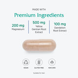 Vitanica Colon Motility Blend ingredientes clave, genciana amarilla y diente de león para apoyo digestivo.