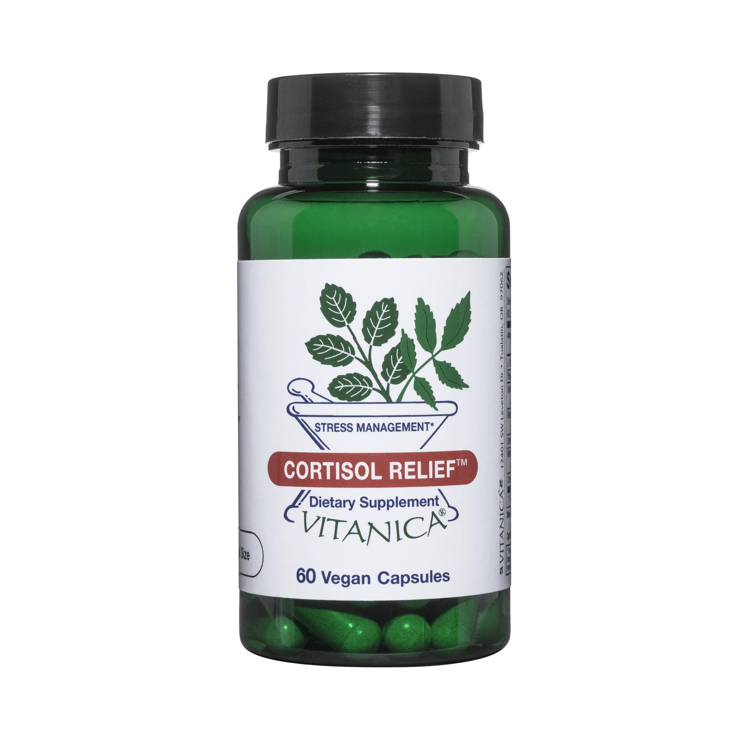 Vitanica Cortisol Relief botella: cápsulas veganas para apoyar la relajación diaria.