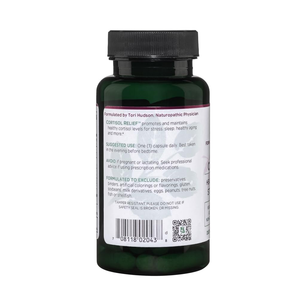 Etiqueta de Vitanica Cortisol Relief con Relora para equilibrio ante el estrés