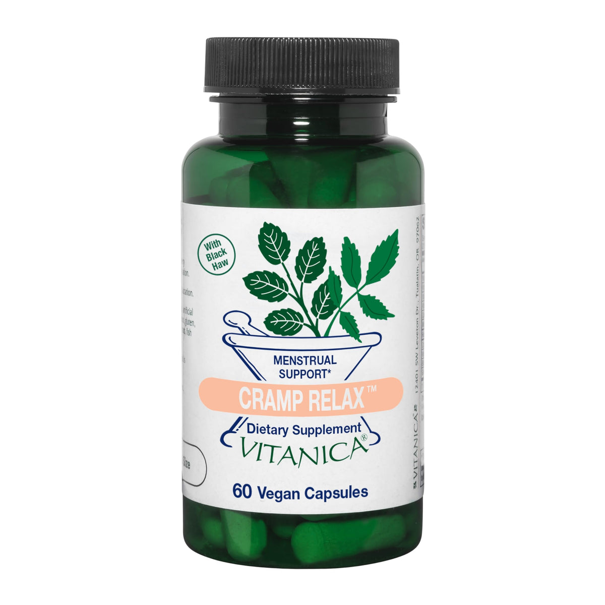 Vitanica Cramp Relax, bote de cápsulas, apoyo para molestias menstruales ocasionales.