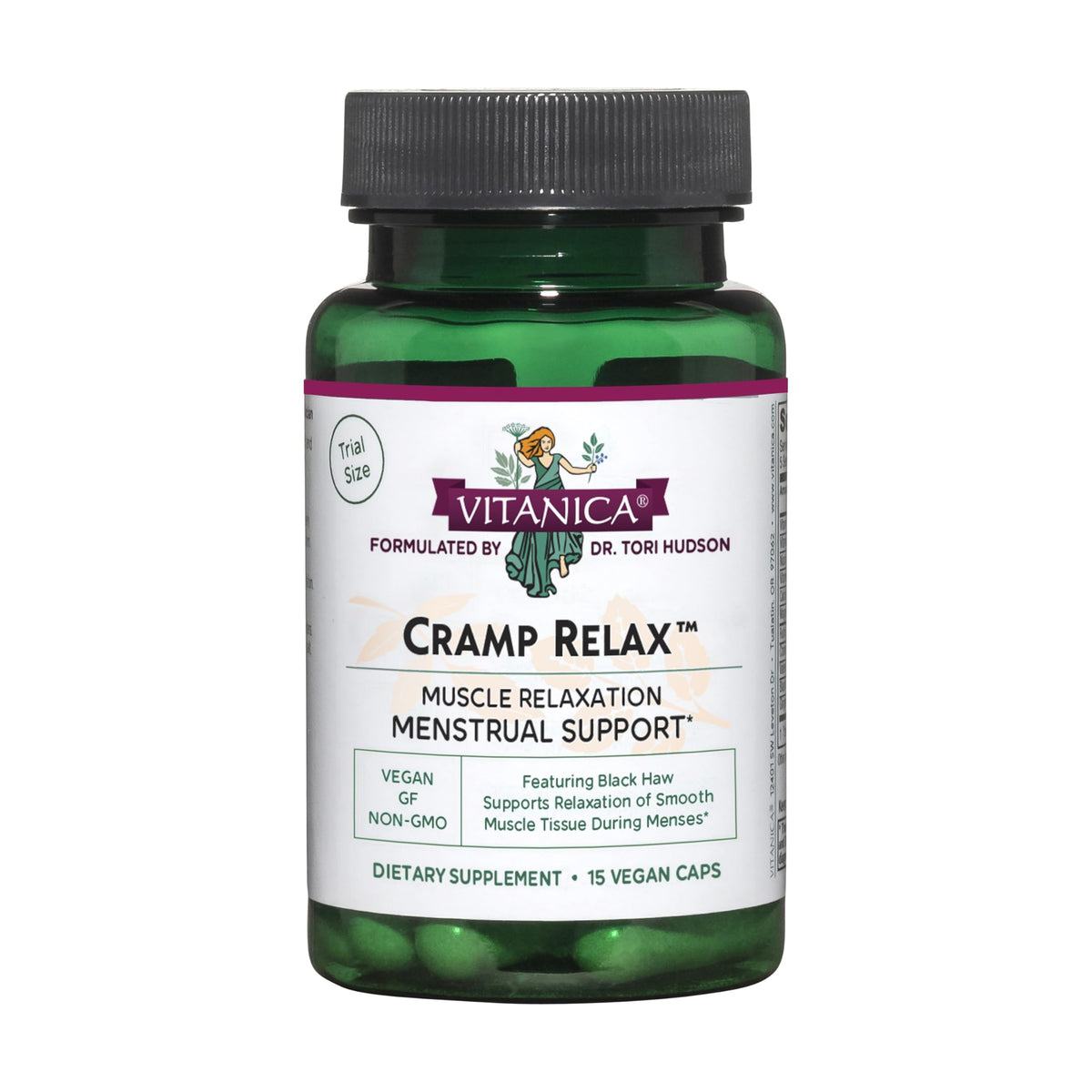 Vitanica Cramp Relax: cápsulas en botella para apoyar el confort durante el ciclo menstrual.