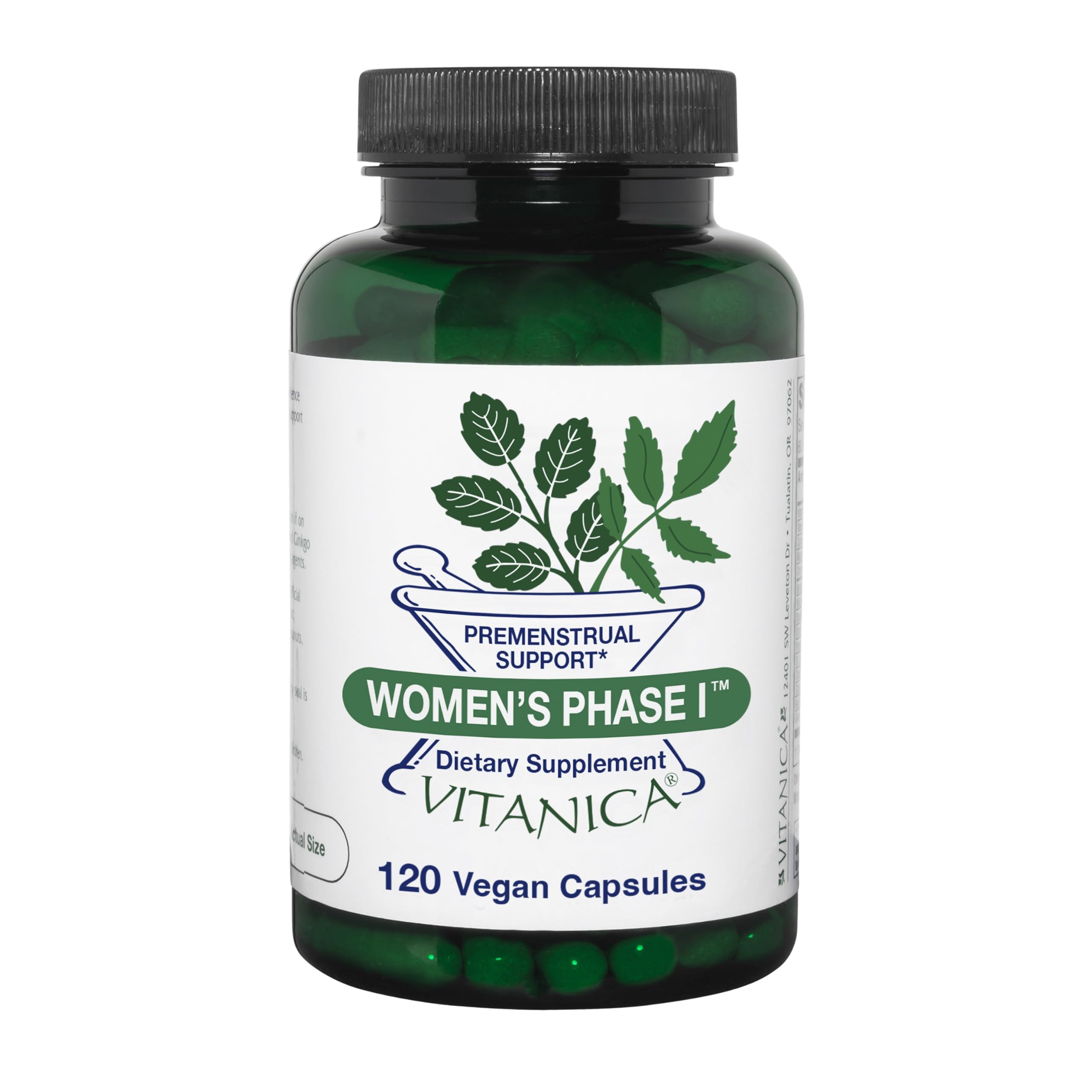 Vitanica Fase I: frasco de cápsulas veganas para apoyo del bienestar menstrual.