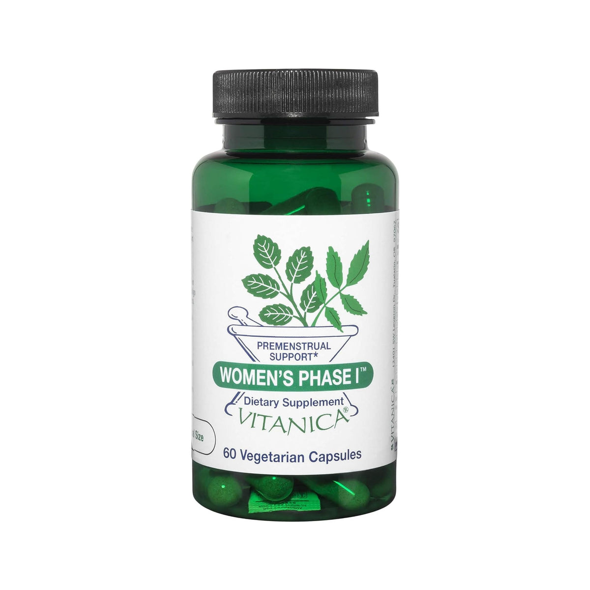 Vitanica Fase I, cápsulas veganas para apoyo premenstrual, visualización de la presentación del producto.