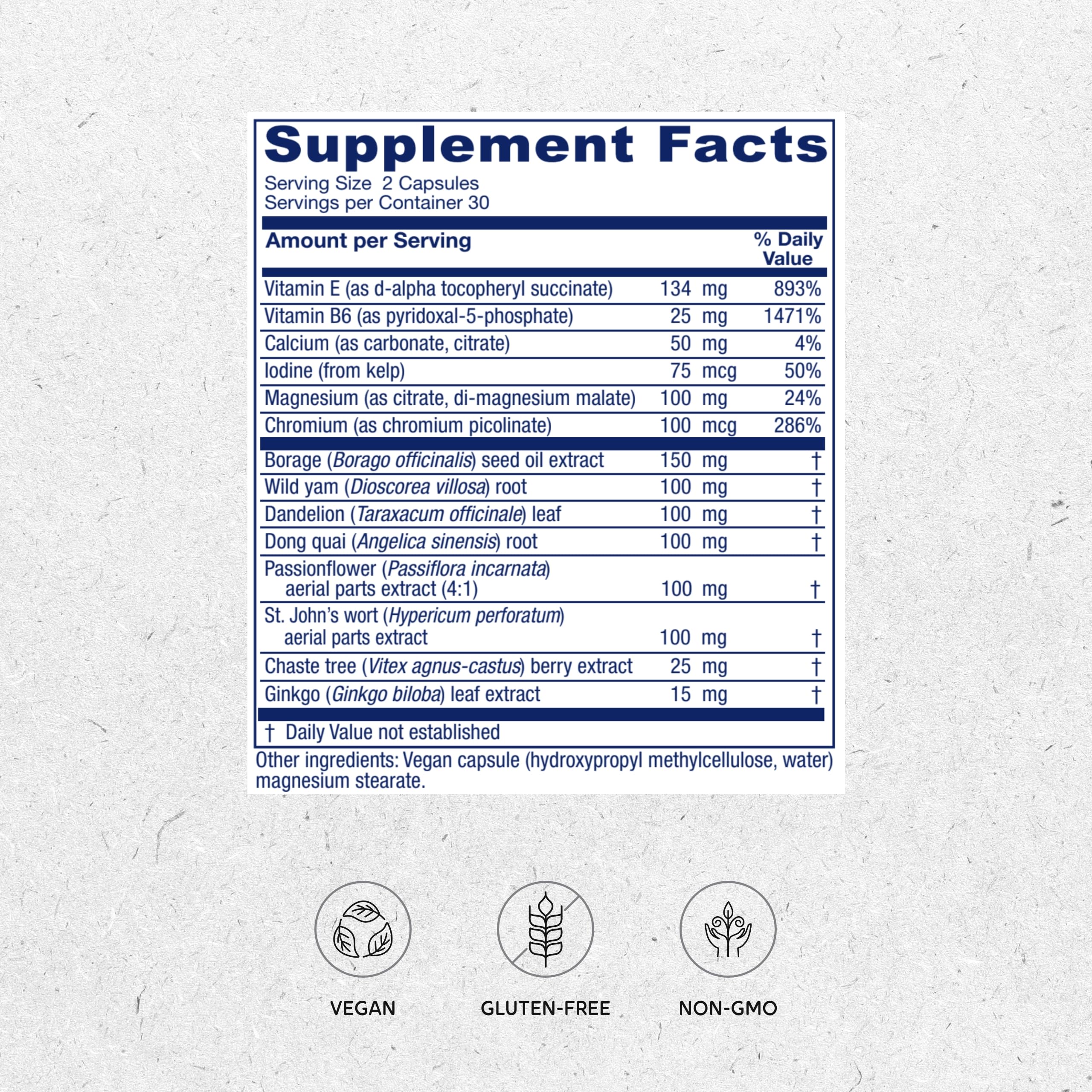 Vitanica Fase I, cápsulas con vitaminas E y B6, magnesio y calcio para balance hormonal.