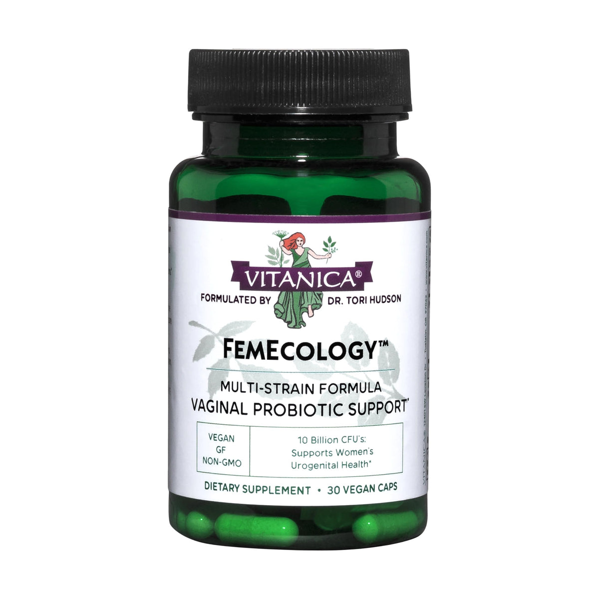 Vitanica FemEcology: botella en estante que apoya el equilibrio vaginal e intestinal.