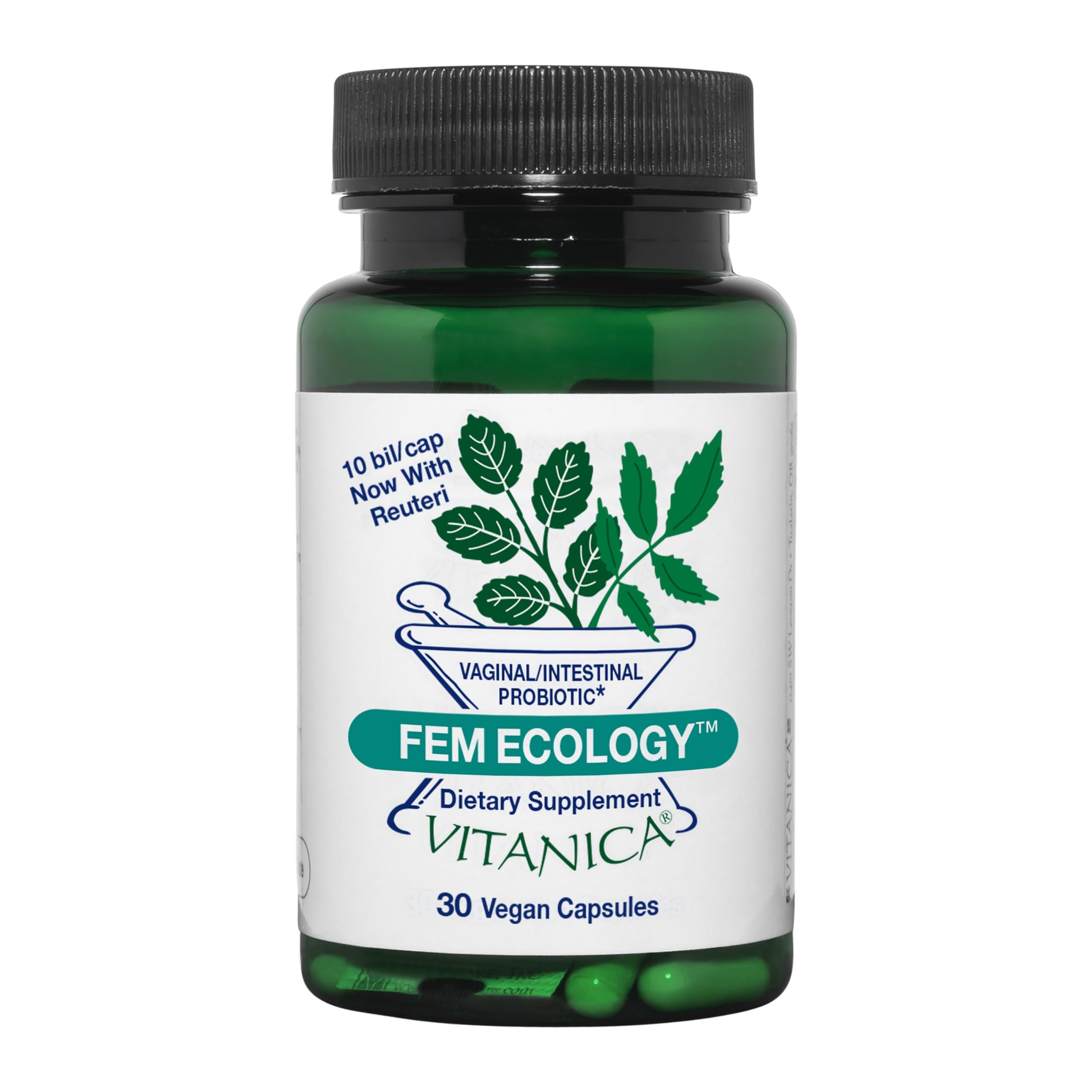 Vitanica FemEcology, frasco de cápsulas apoya equilibrio microbiota vaginal e intestinal