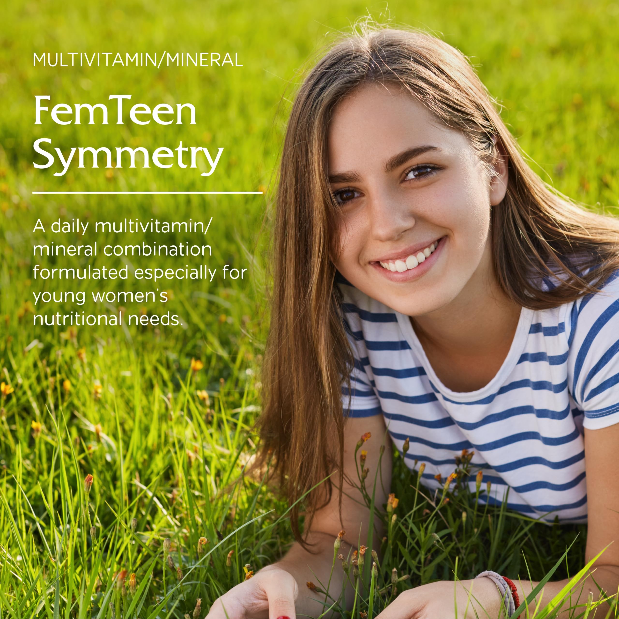 Vitanica FemTeen Symmetry, etiqueta frontal que destaca ingredientes vegetales y uso diario