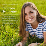 Vitanica FemTeen Symmetry, etiqueta frontal que destaca ingredientes vegetales y uso diario