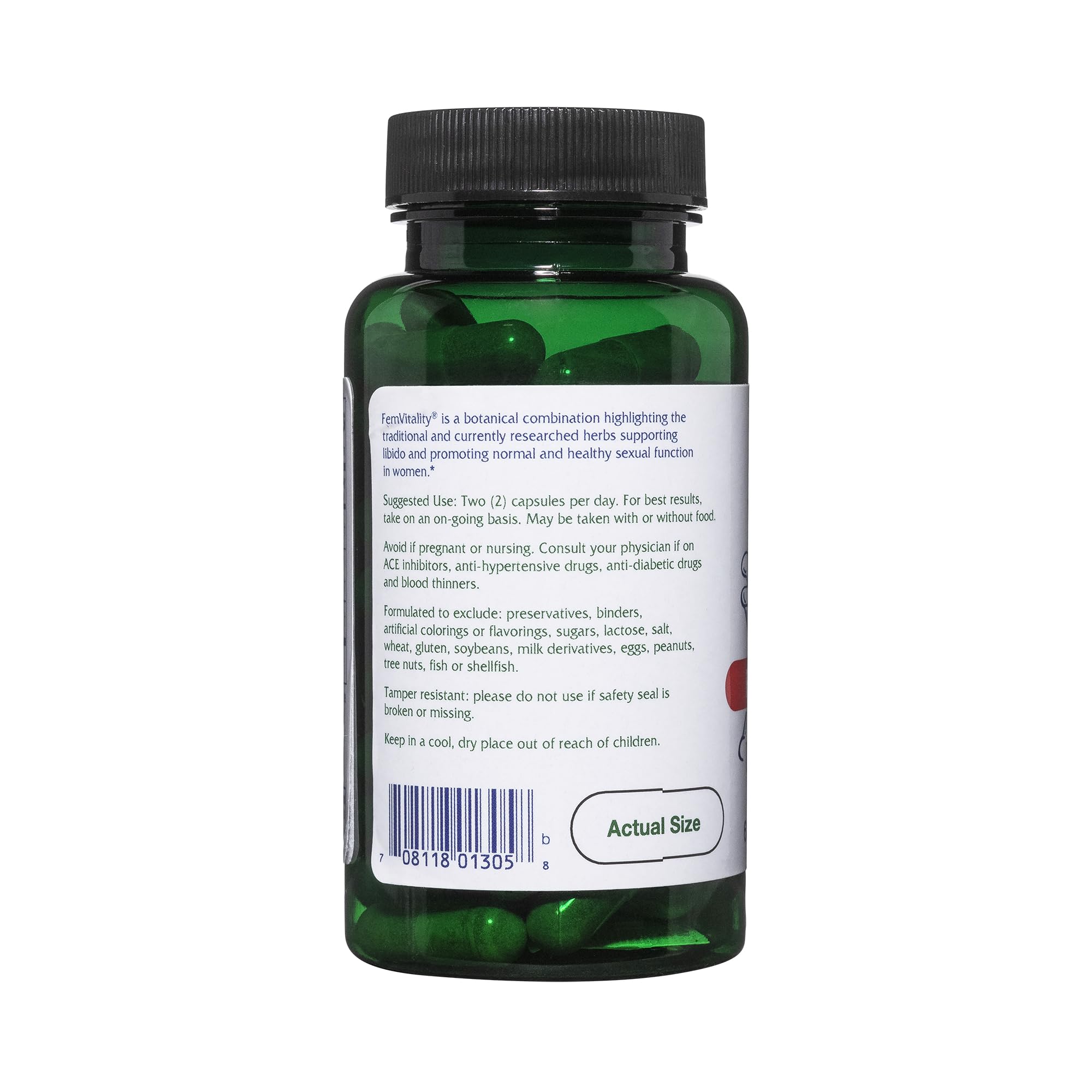 Etiqueta frontal de Vitanica FemVitality con información de ingredientes herbales.