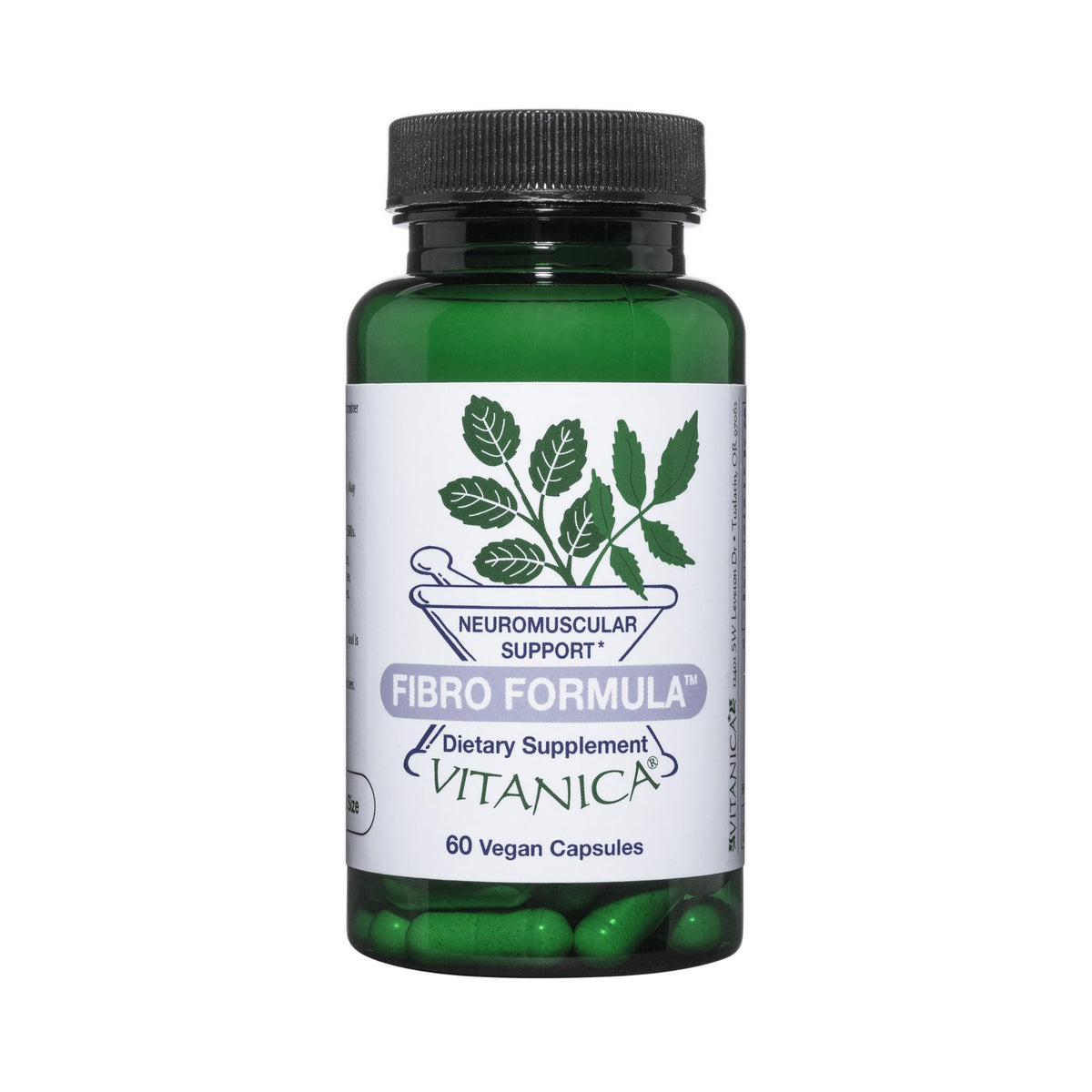 Botella de Vitanica Fibro Formula con 60 cápsulas para uso diario.