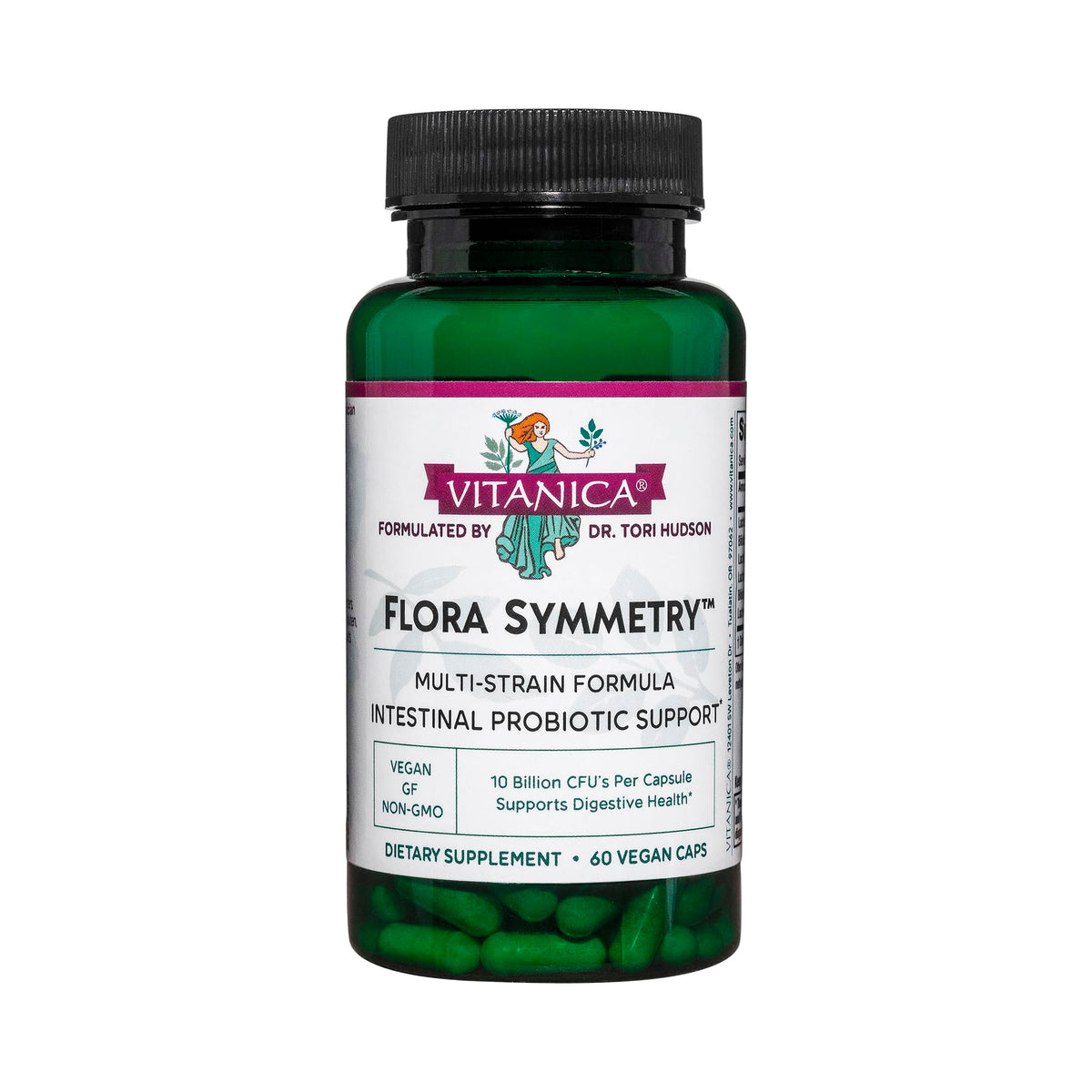 Vitanica Flora Symmetry, botella con 60 cápsulas para apoyo digestivo diario.
