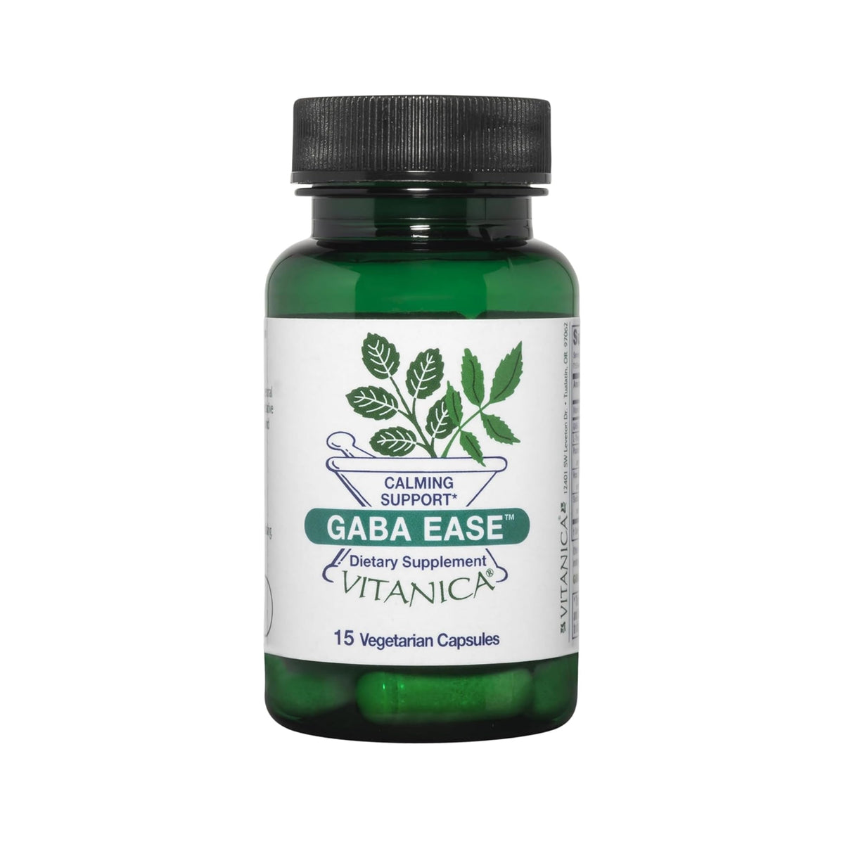 Vitanica GABA Ease: botella de cápsulas para apoyo calmante diario.