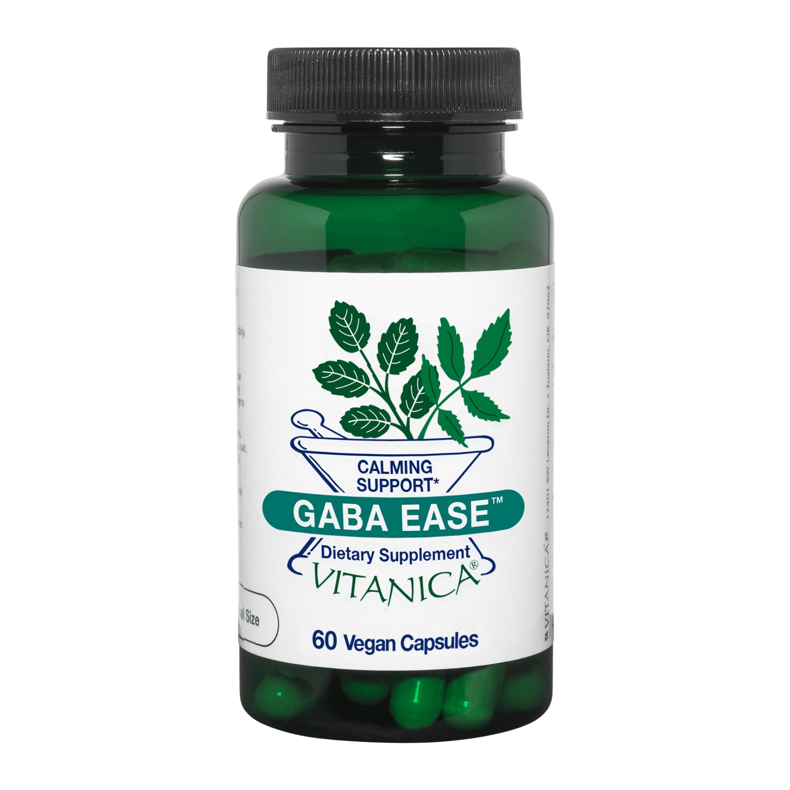 Vitanica GABA Ease, botella de cápsulas, para apoyo calmante ante estrés ocasional.