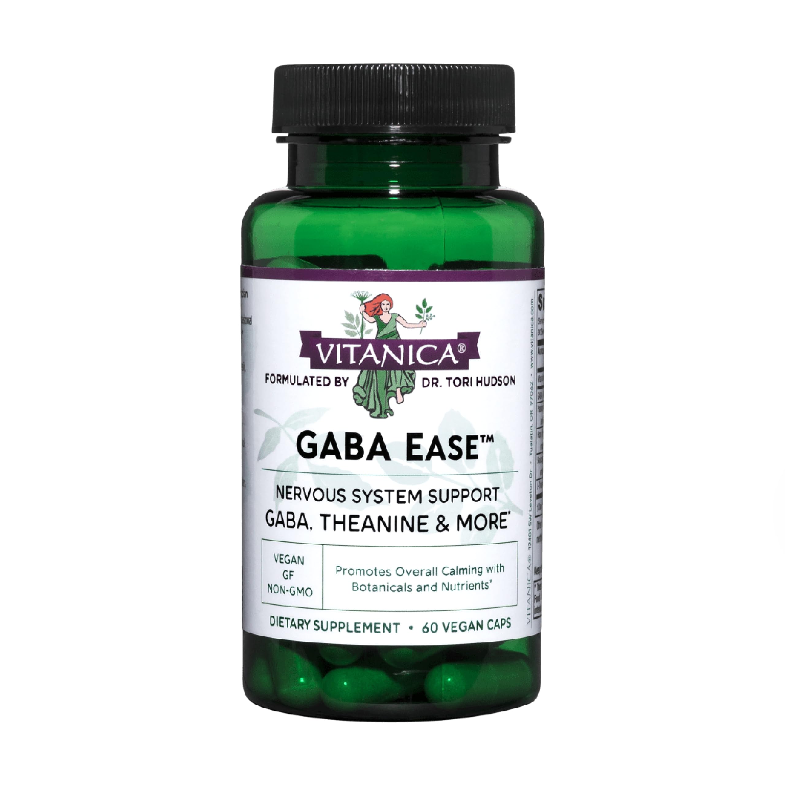 Vitanica GABA Ease, botella de cápsulas veganas para apoyo calmante diario.
