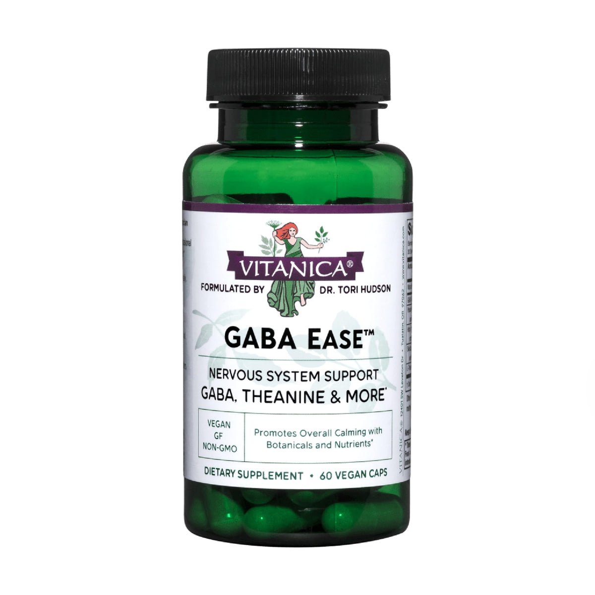 Vitanica GABA Ease, botella de cápsulas veganas para apoyo calmante diario.