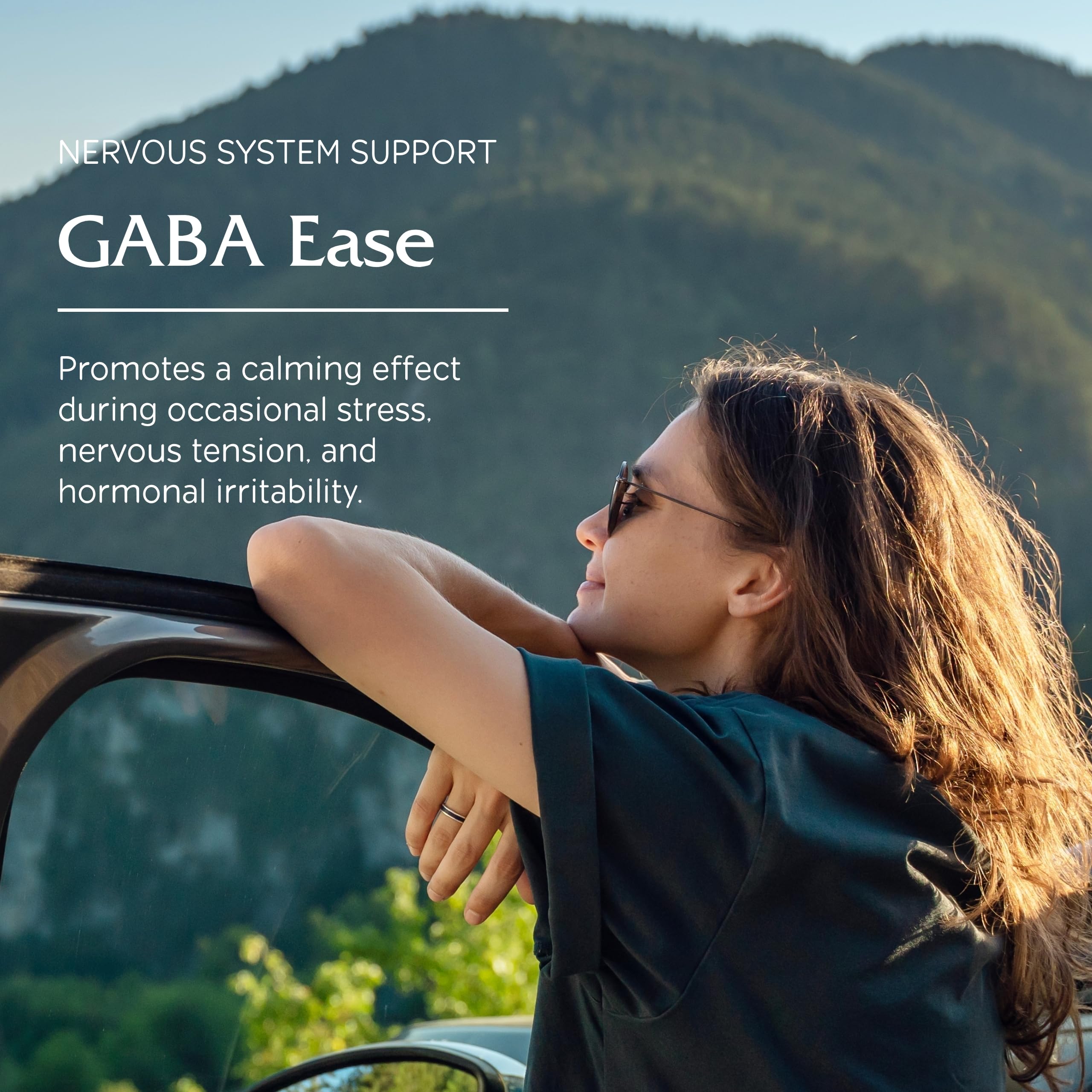 Etiqueta de GABA Ease con lista de ingredientes para apoyo nervioso.
