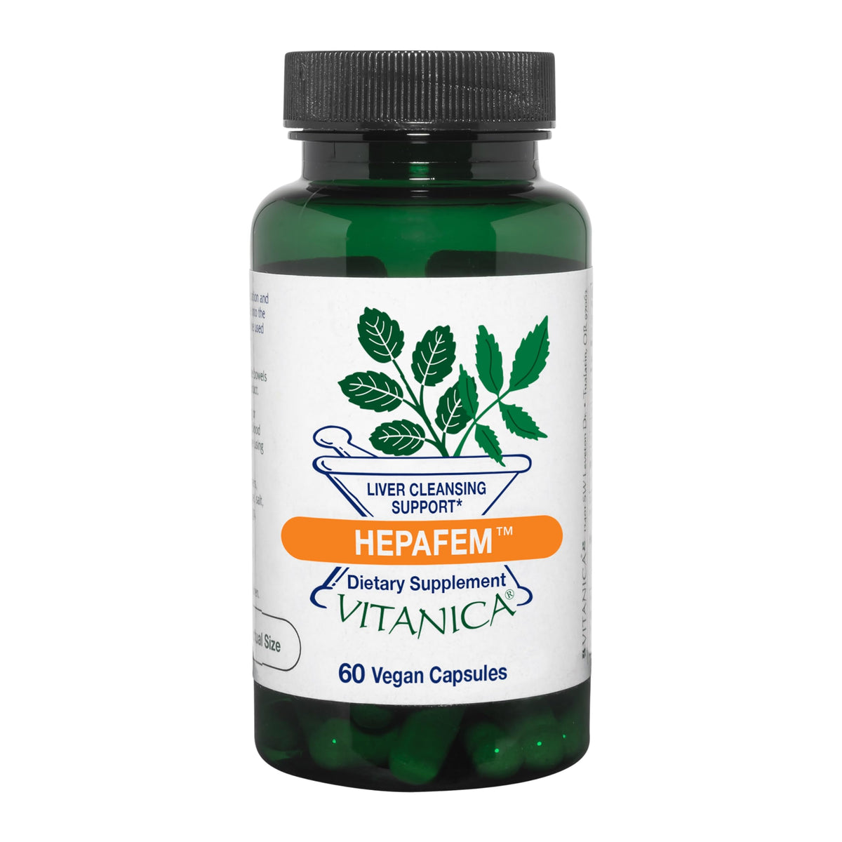 Vitanica Hepafem: botella de cápsulas para apoyo hepático vegano.