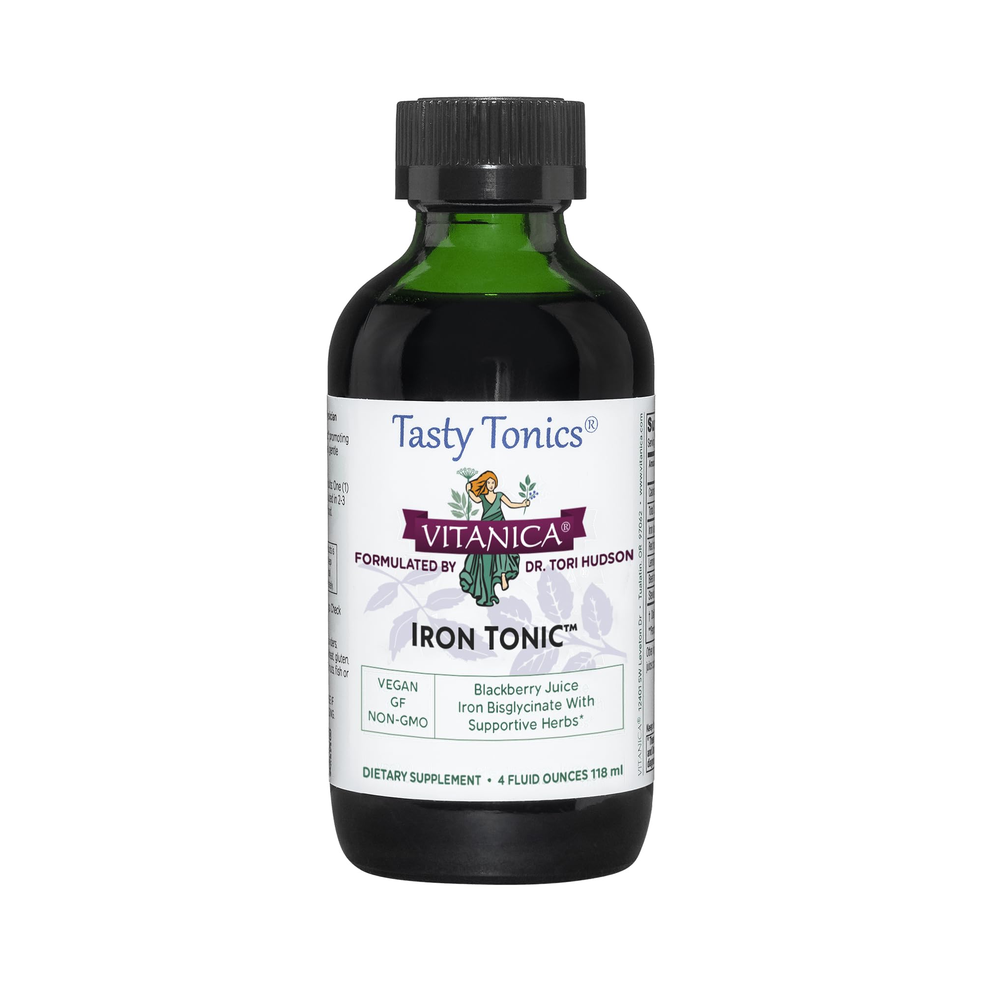 Vitanica Hierro Tónico: frasco de vidrio verde con sabor mora para uso diario.