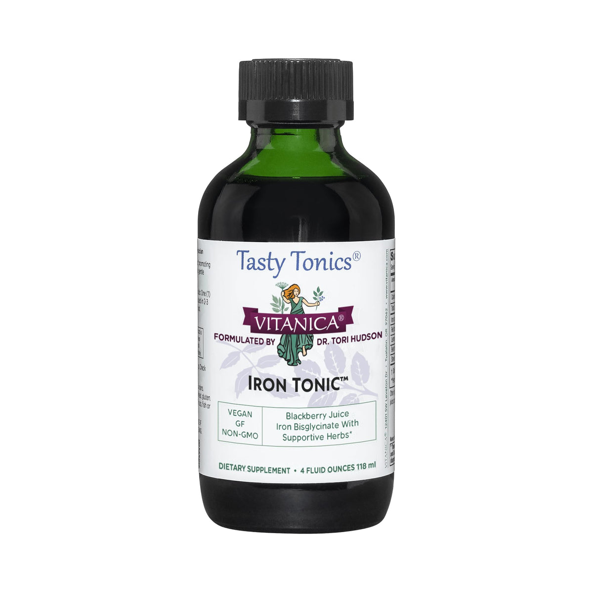 Vitanica Hierro Tónico: frasco de vidrio verde con sabor mora para uso diario.