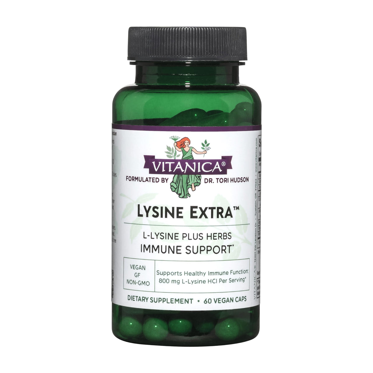 La botella frontal de Vitanica Lysine Extra ofrece un soporte al sistema inmunitario para uso diario.