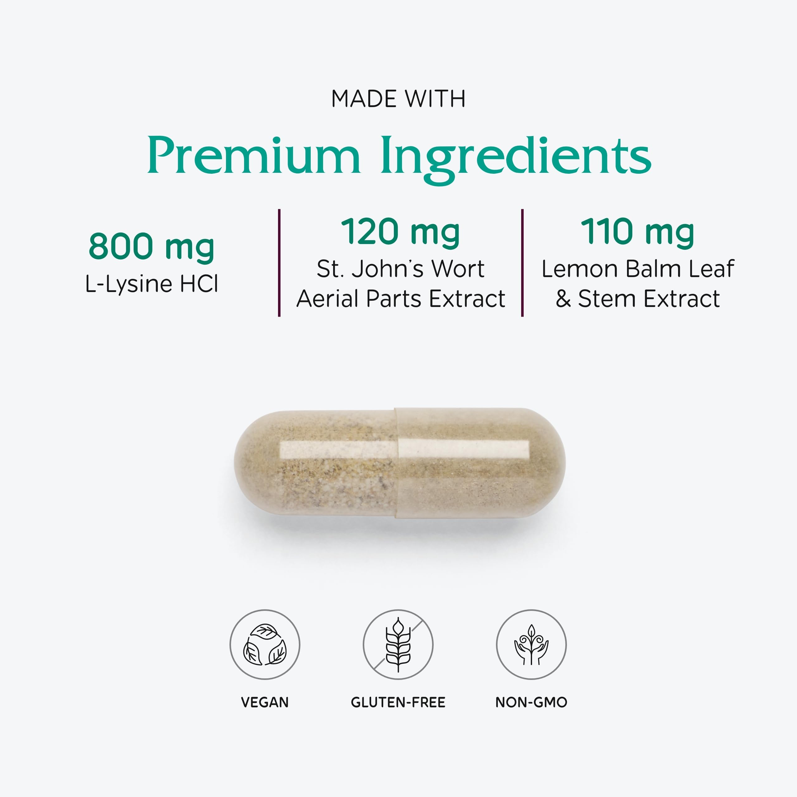 Los ingredientes de Vitanica Lysine Extra incluyen plantas y nutrientes para apoyo general.