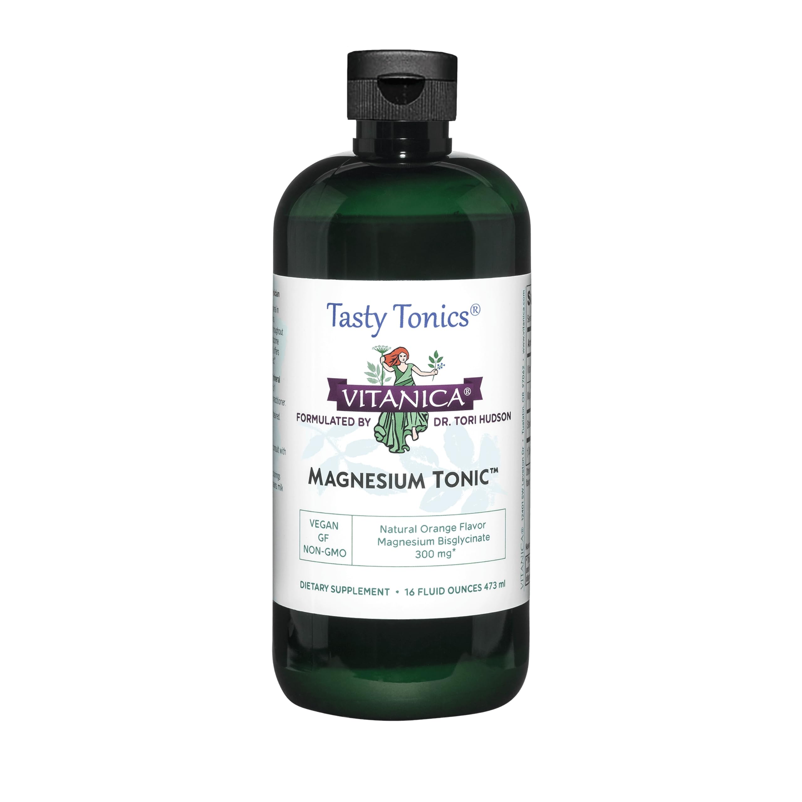 Vitanica Tónico de Magnesio, botella vertiendo naranja, para apoyar el descanso y la relajación.