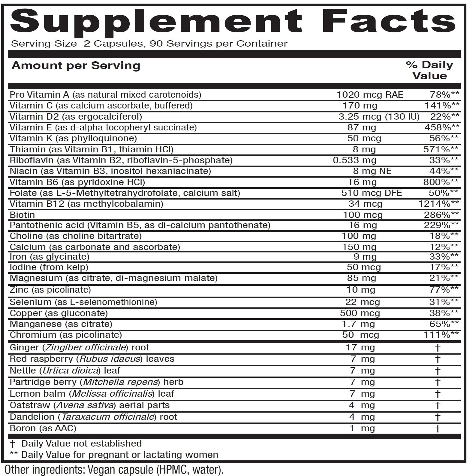 Capsulas de Vitanica Maternal Symmetry para nutrición diaria.