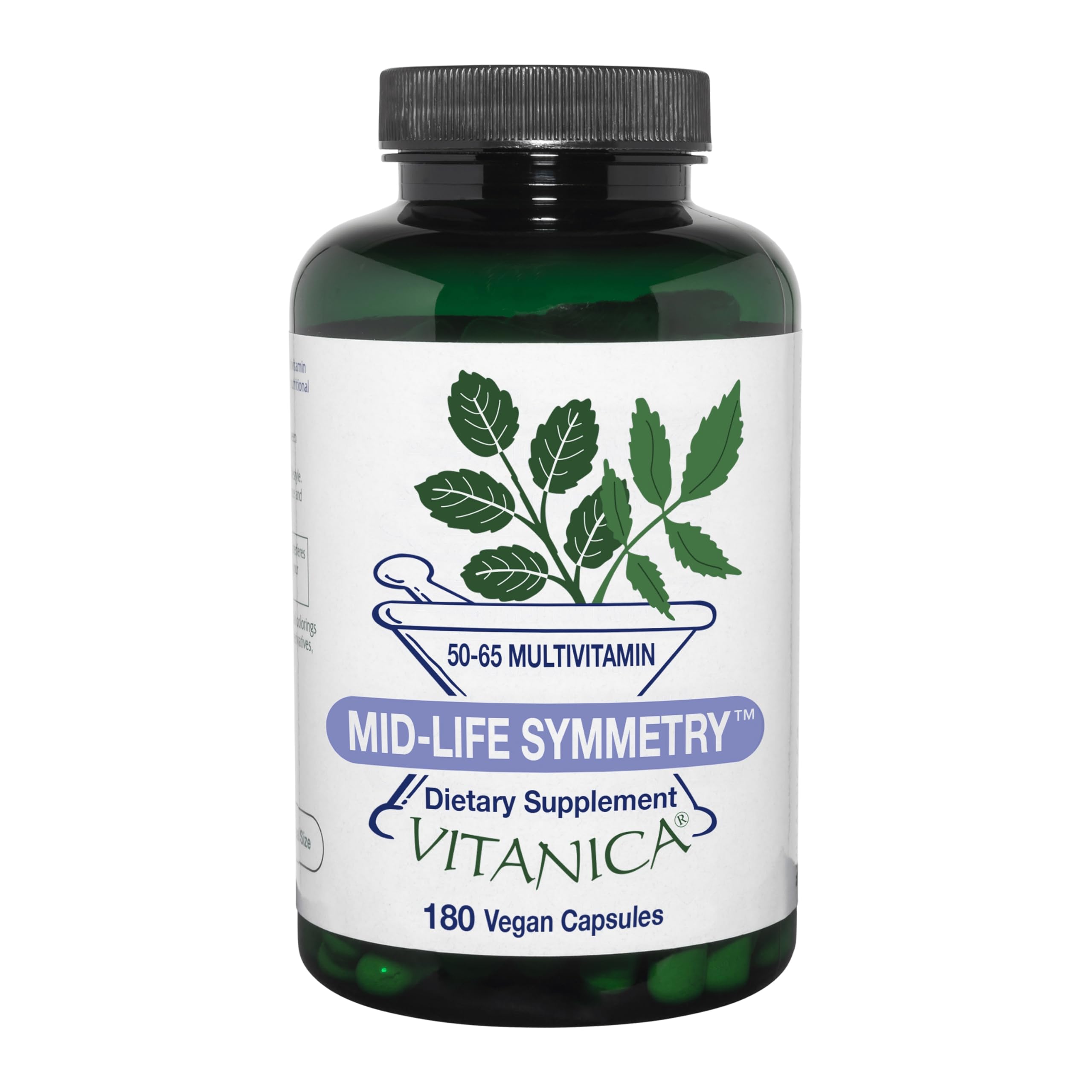 Vitanica Mid-Life Symmetry, botella de cápsulas para apoyo diario durante cambios hormonales.