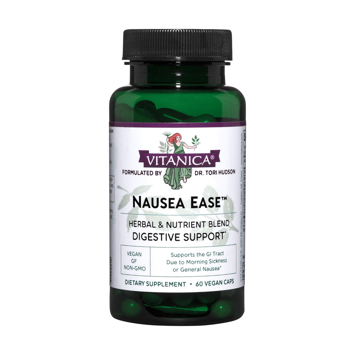 Vitanica Nausea Ease — botella de cápsulas para apoyo digestivo suave durante el embarazo.