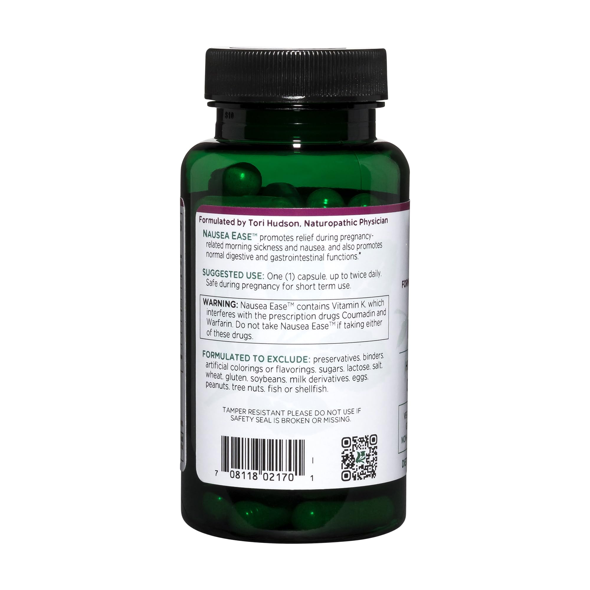 Vitanica Nausea Ease — empaque mostrando formato vegano y opciones de uso diario.